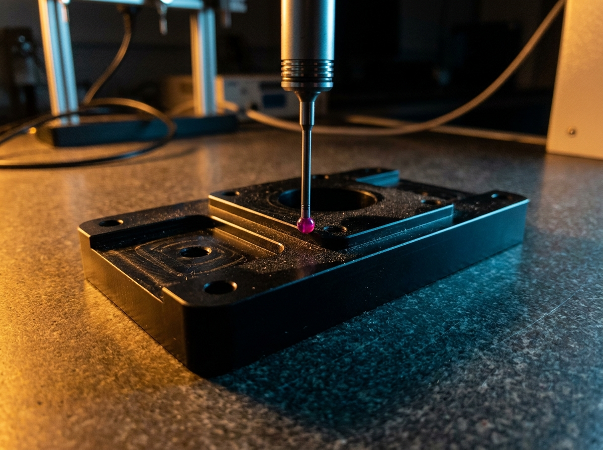 Coordinate measuring machine probe inspecting a precision machined part