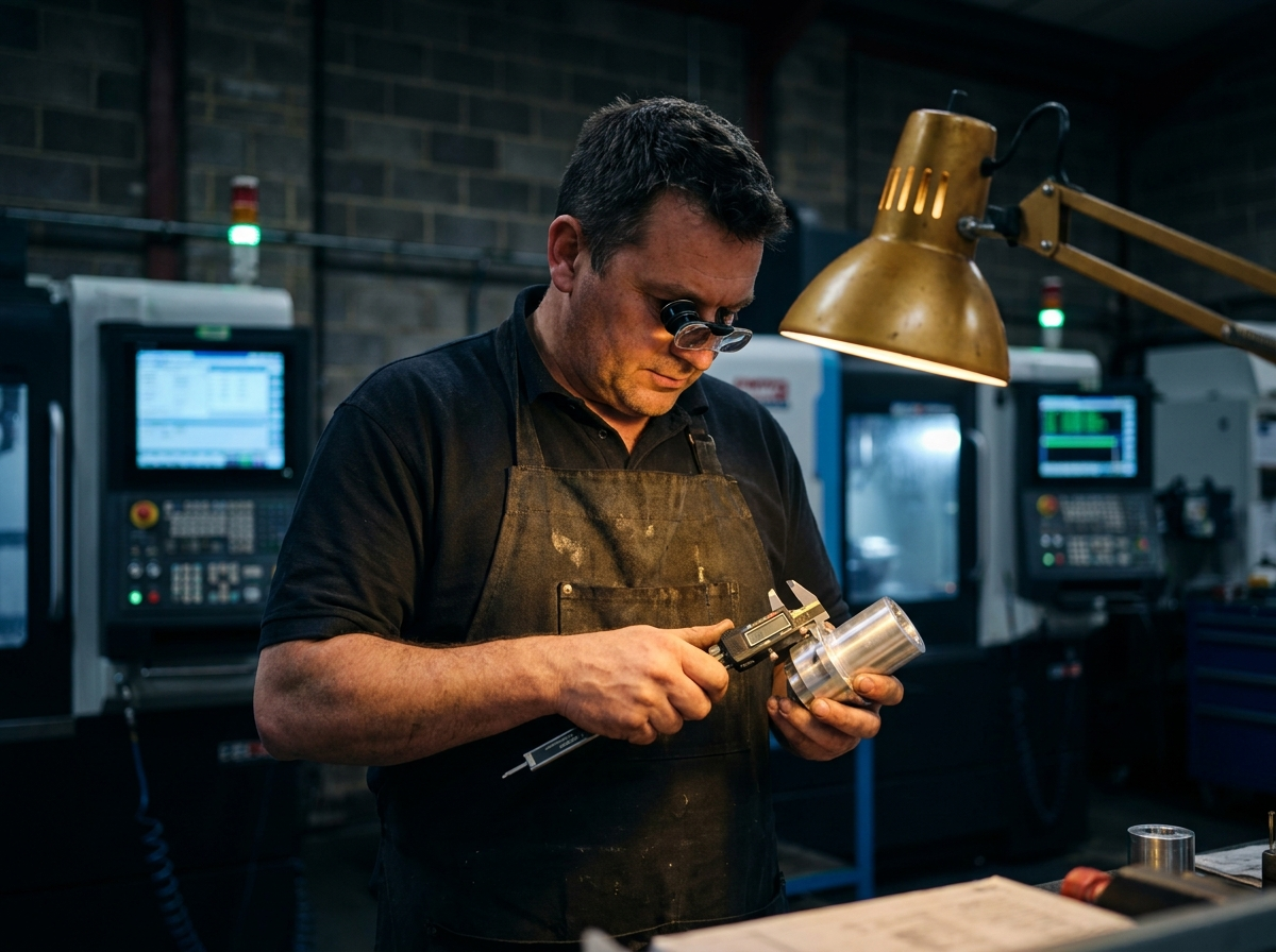 Machinist inspecting a precision machined aluminum part with calipers