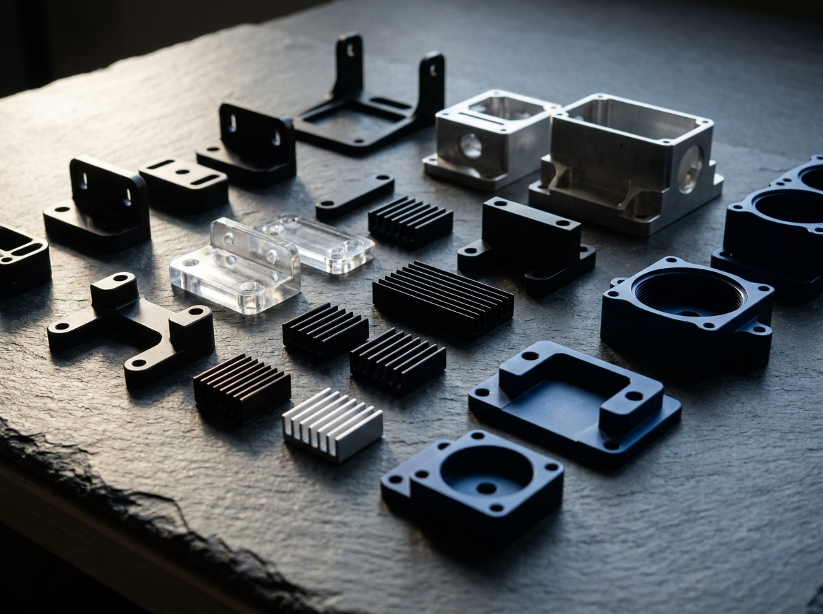 Array of anodized and bead blasted aluminum CNC parts