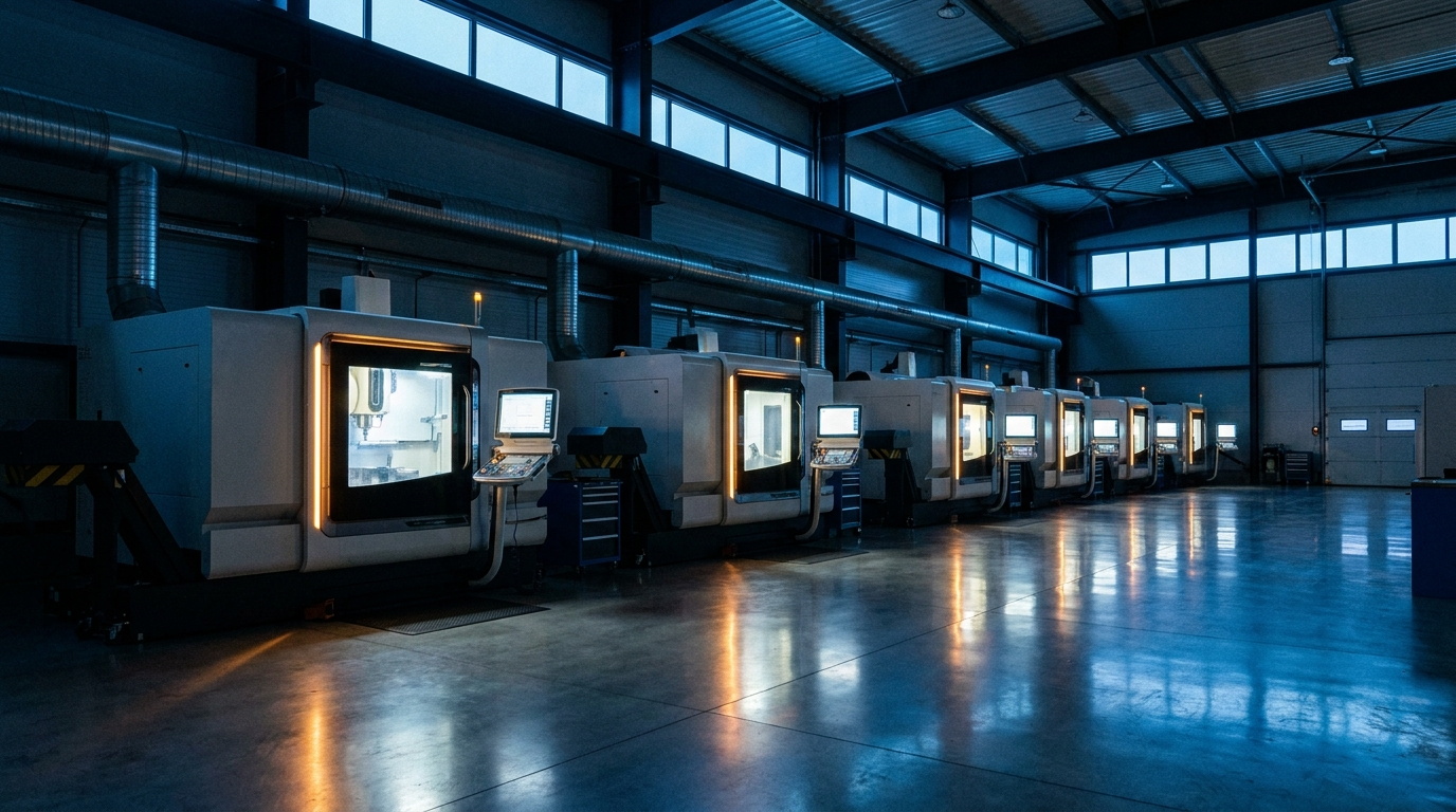 Modern CNC machine shop interior with a row of machining centers