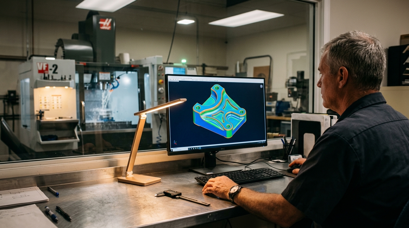 Reading the geometry a second time Machinist reviewing a 3D CAD model on a monitor during a quote change after CAD review