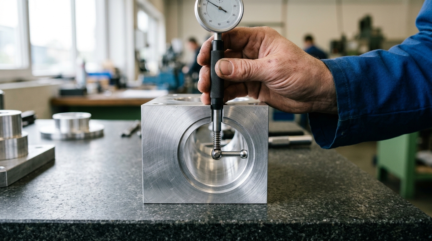 Checking a tight tolerance bore Machinist using a bore gauge to check a precision hole, relevant to cnc quote tight tolerance cost