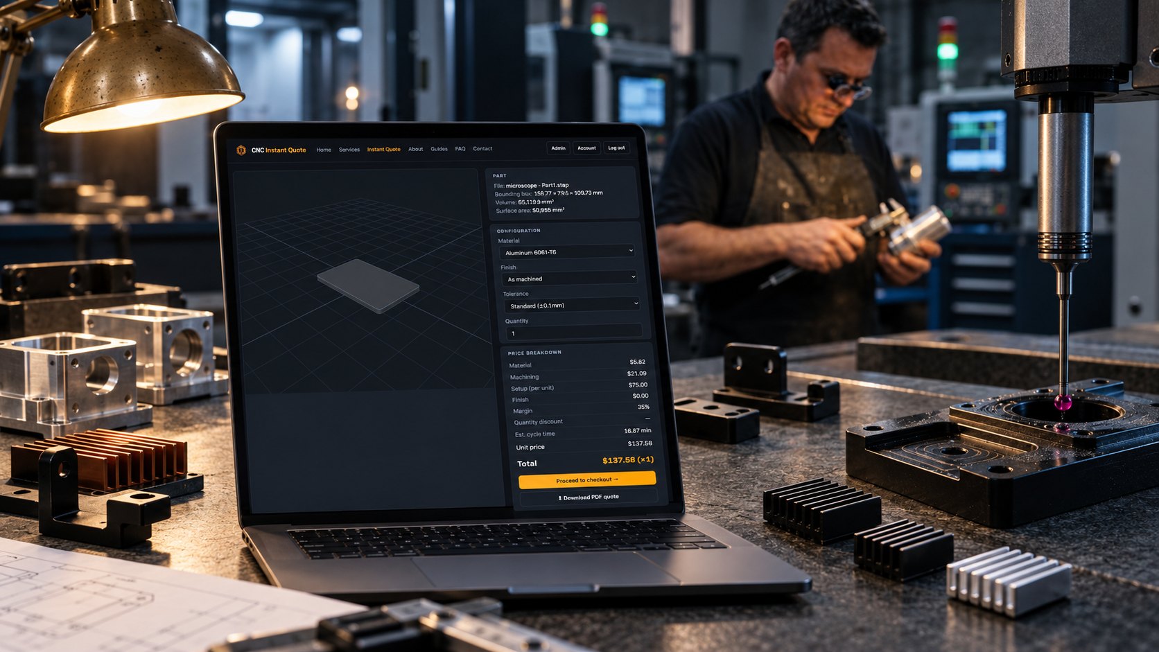 Quote Scope Starts with CAD CNC Instant Quote interface showing STEP metadata, material, tolerance, quantity, and price breakdown