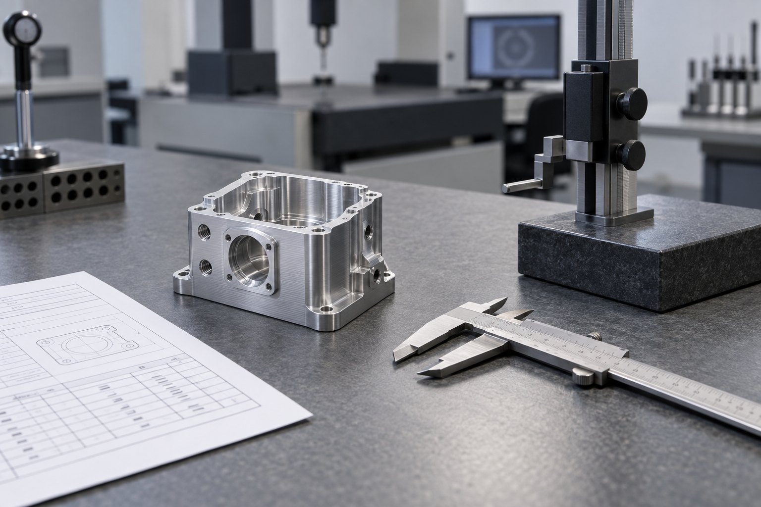 Inspection report and machined part CNC quote inspection report showing measured features beside a STEP-model part