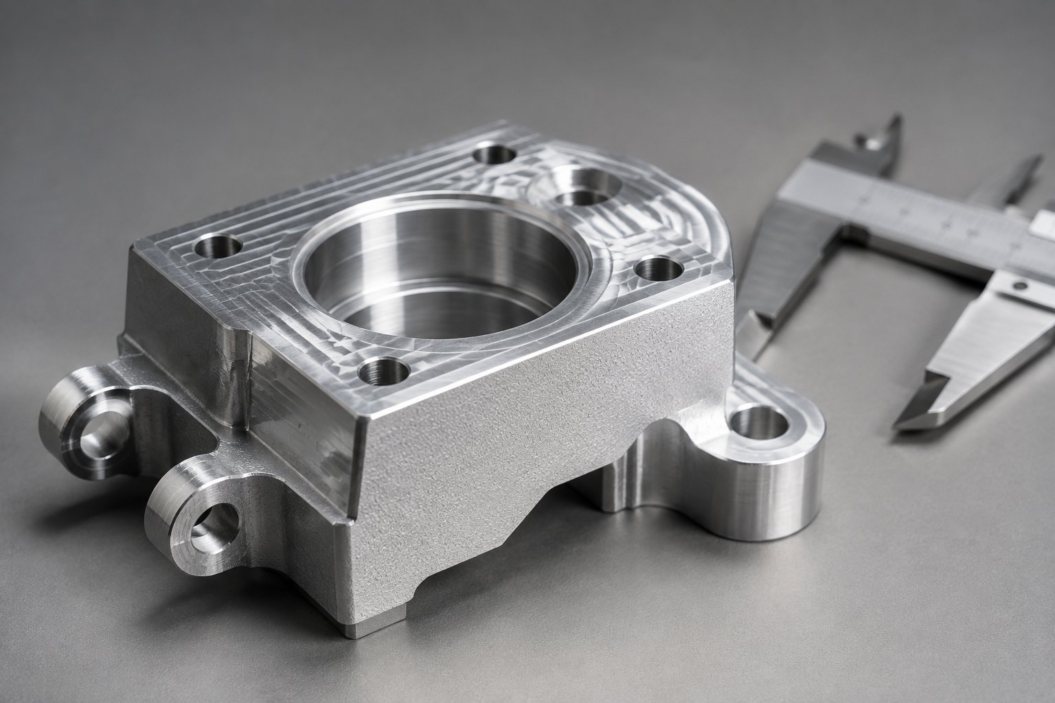 Digital caliper measuring a toleranced feature on an aluminum cnc machining quote sample part
