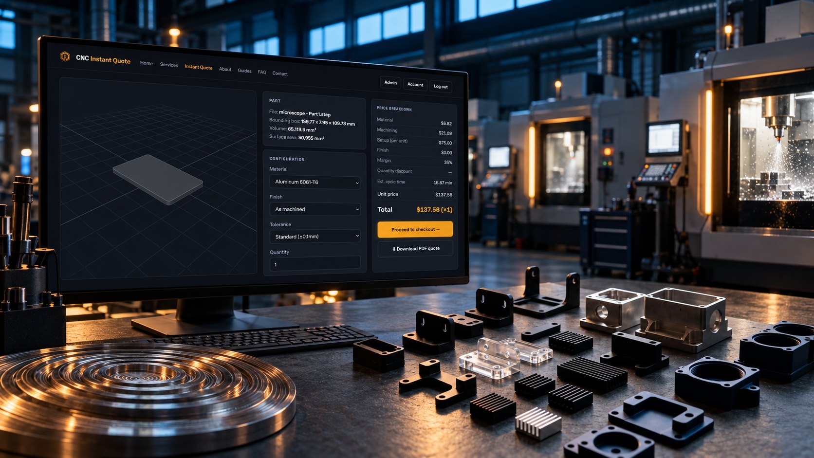 CNC Instant Quote interface showing machining quote validity and material pricing
