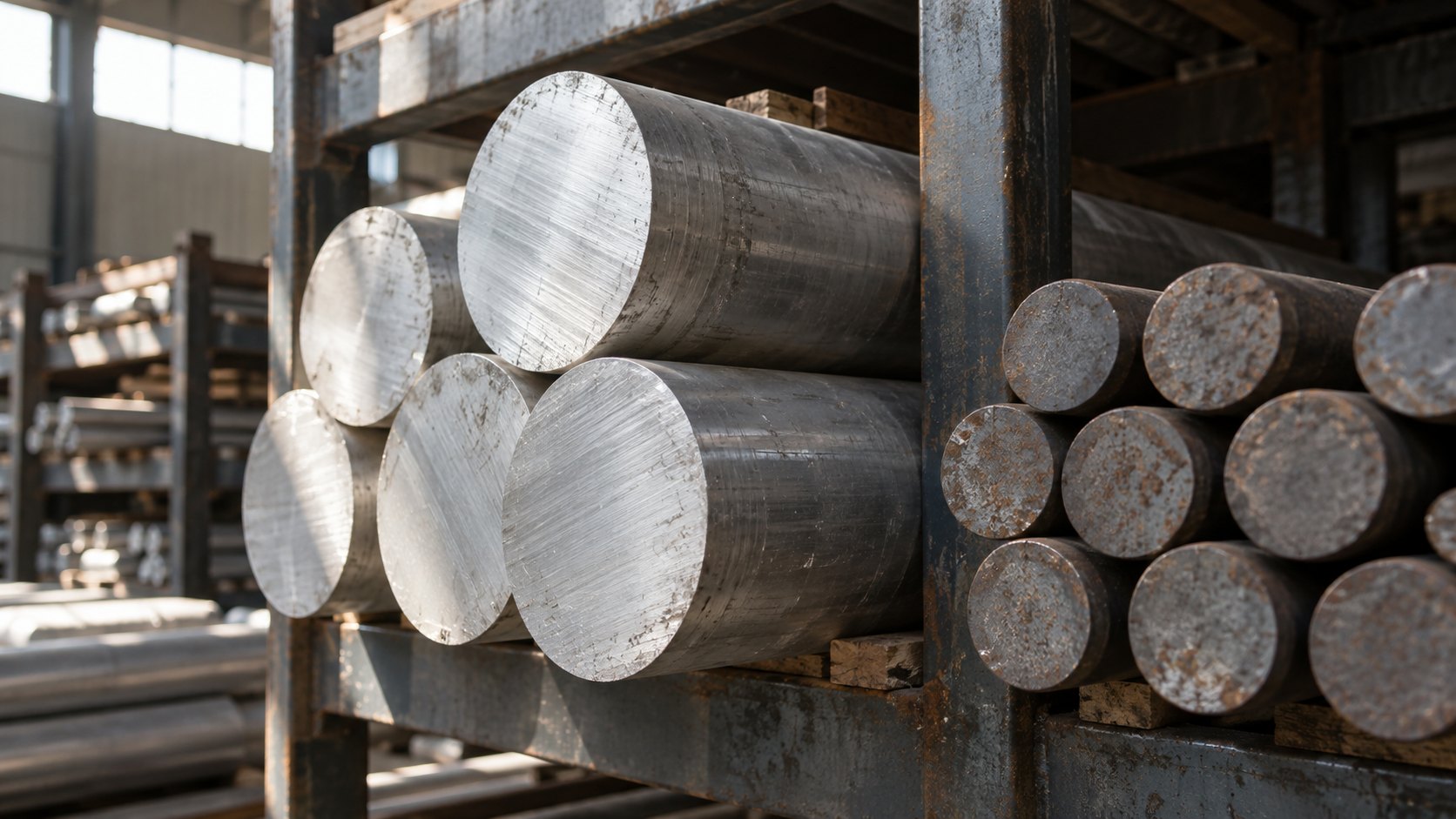 Raw stock, priced under 2026 tariff rules Aluminum billet and steel bar stock racked in a CNC shop under cnc machining tariffs 2026 pricing pressure