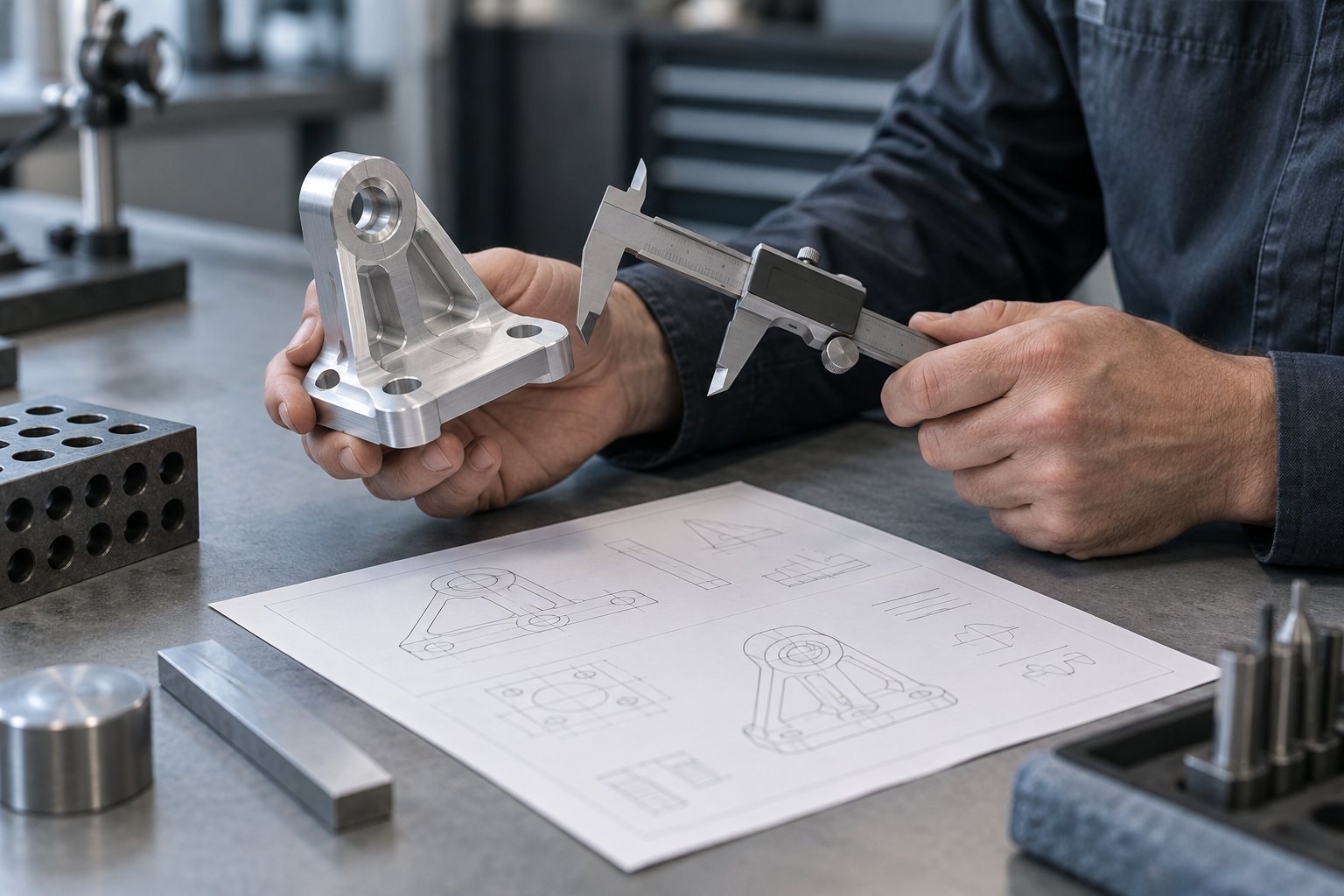 CNC service support workflow with a machined bracket, caliper, and inspection record