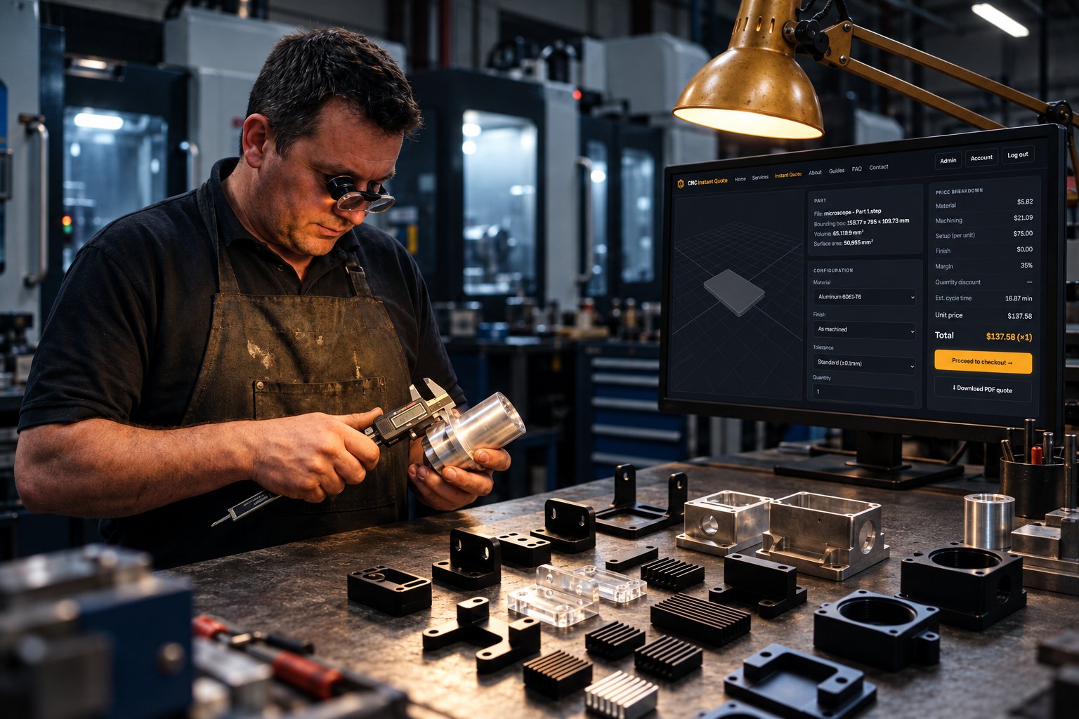 Machinist checks a threaded component Thread milling vs tapping decision shown as a machinist measures a CNC component