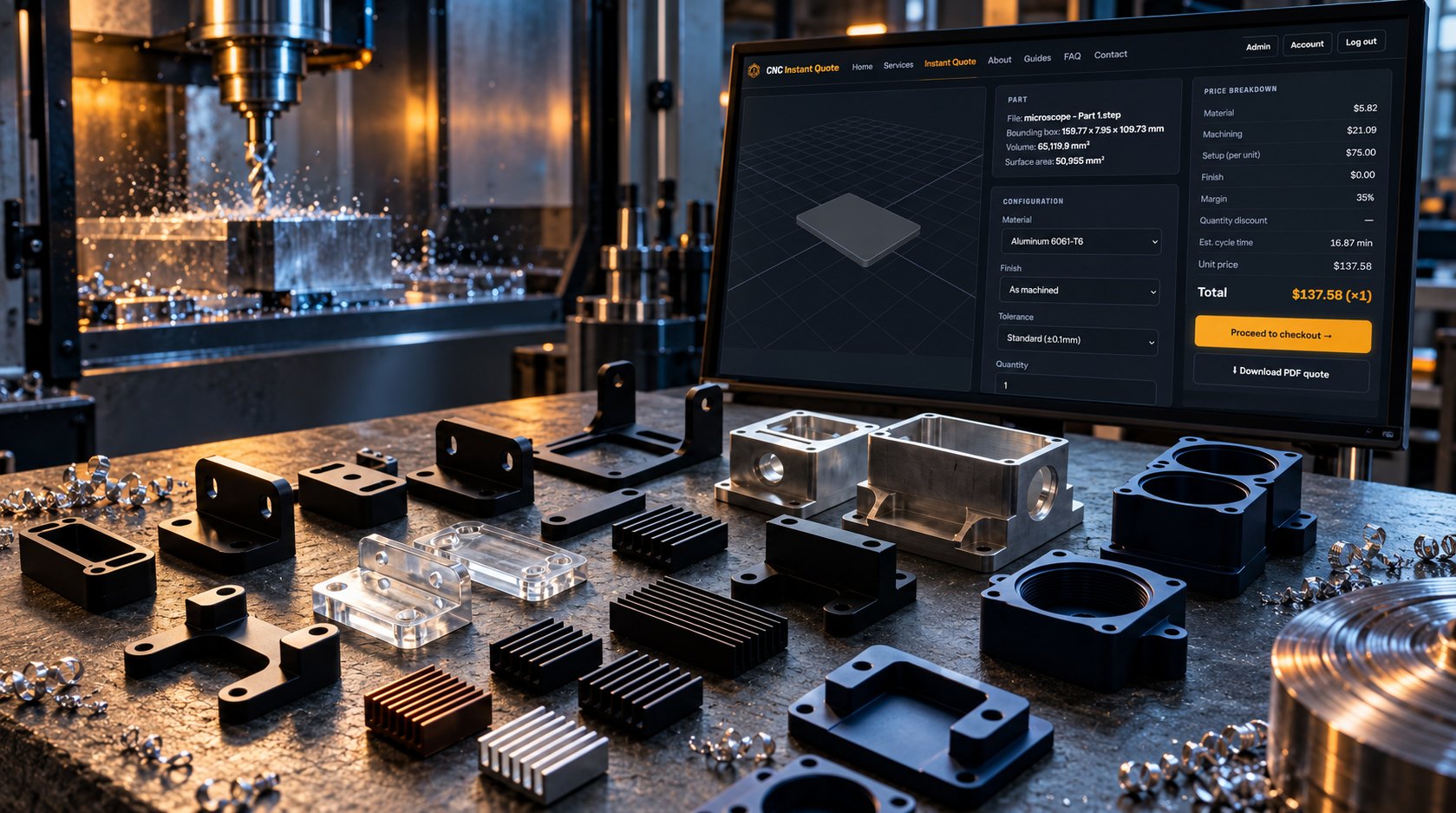 Machined Components for Pocket Review CNC Instant Quote deep pocket machining components on a dark industrial workbench