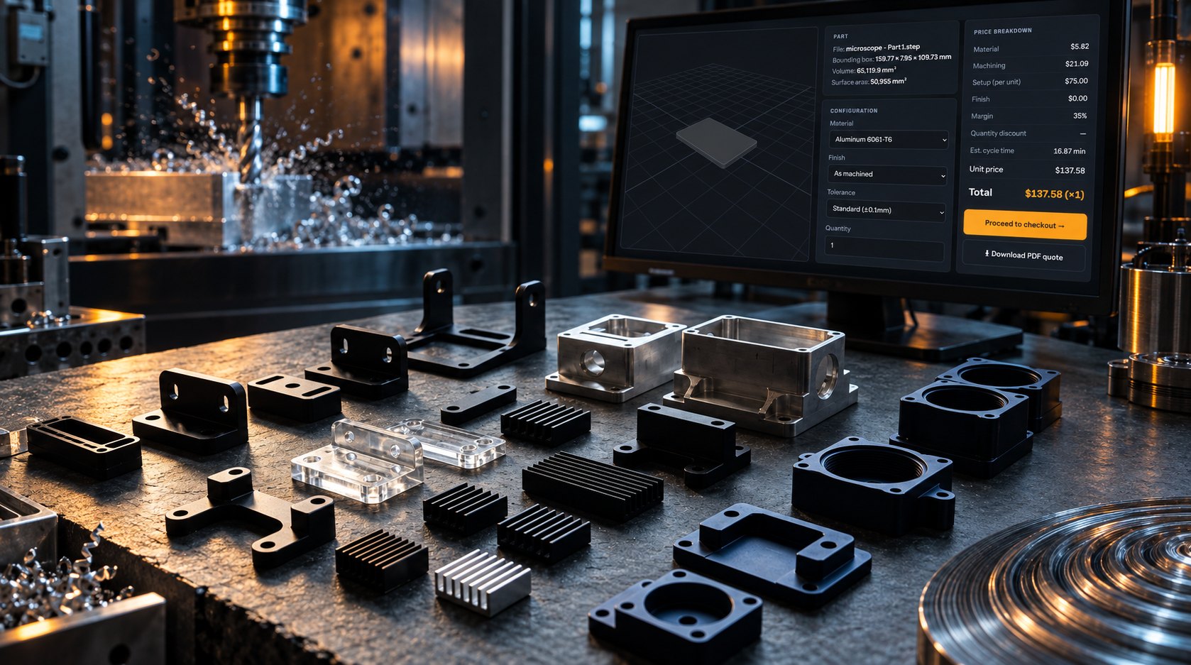 Machined parts under inspection Machined aluminum housings and brackets used for ISO 21920-2 revision quote review