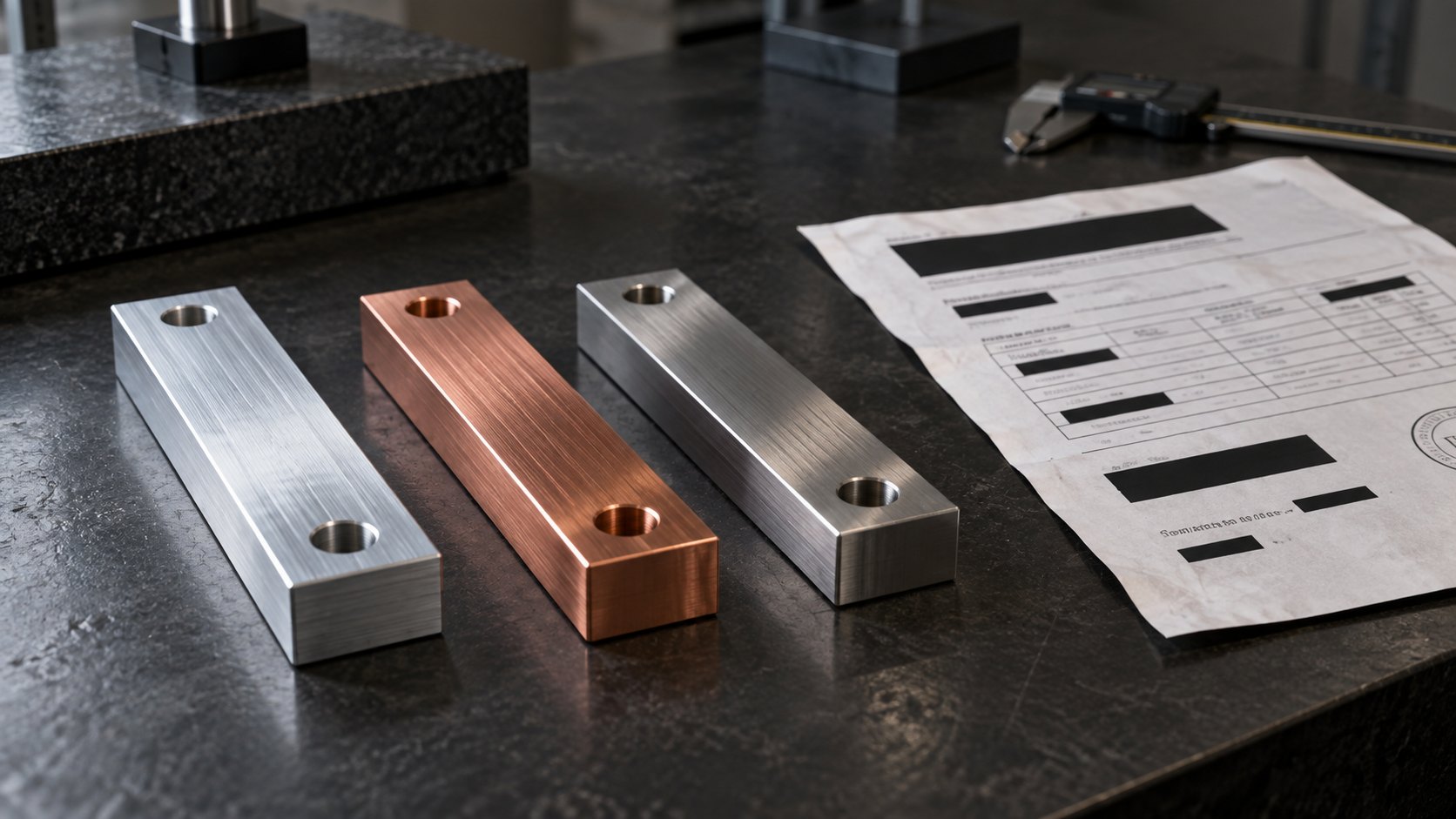 Certificate and material traceability CNC online quote material certificates beside AL6061-T6, C101 copper, and 304 stainless coupons