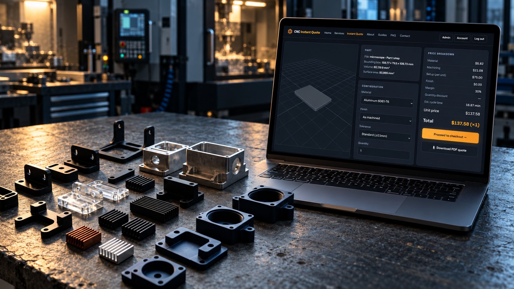 ISO 9001:2026 supplier questions shown beside a CNC Instant Quote interface and machined components
