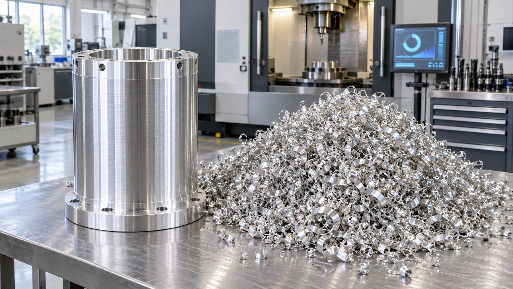 Machined aluminum cylinder beside the large pile of chips cut from its solid round bar
