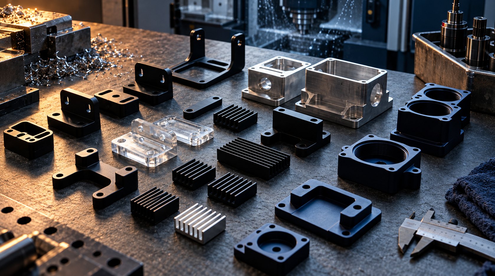 Machined Features and Hole Patterns CNC hole position tolerance components arranged on a dark machining workbench