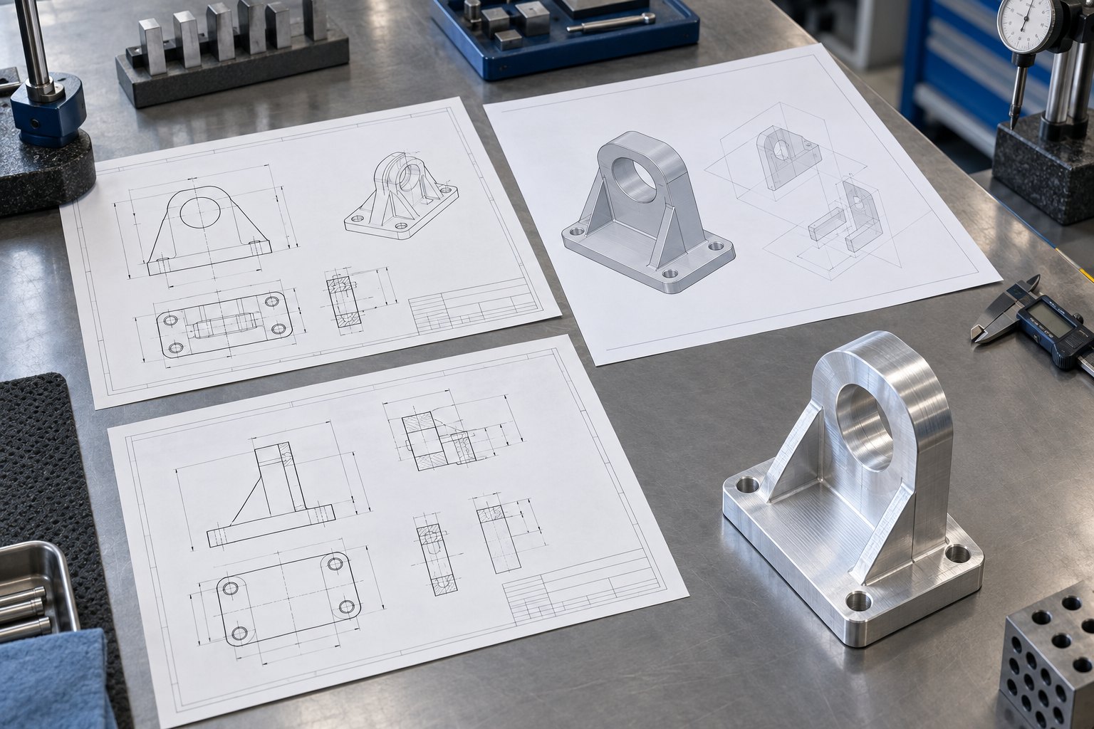 CNC quote ISO 2768 review of a legacy title block beside a machined bracket