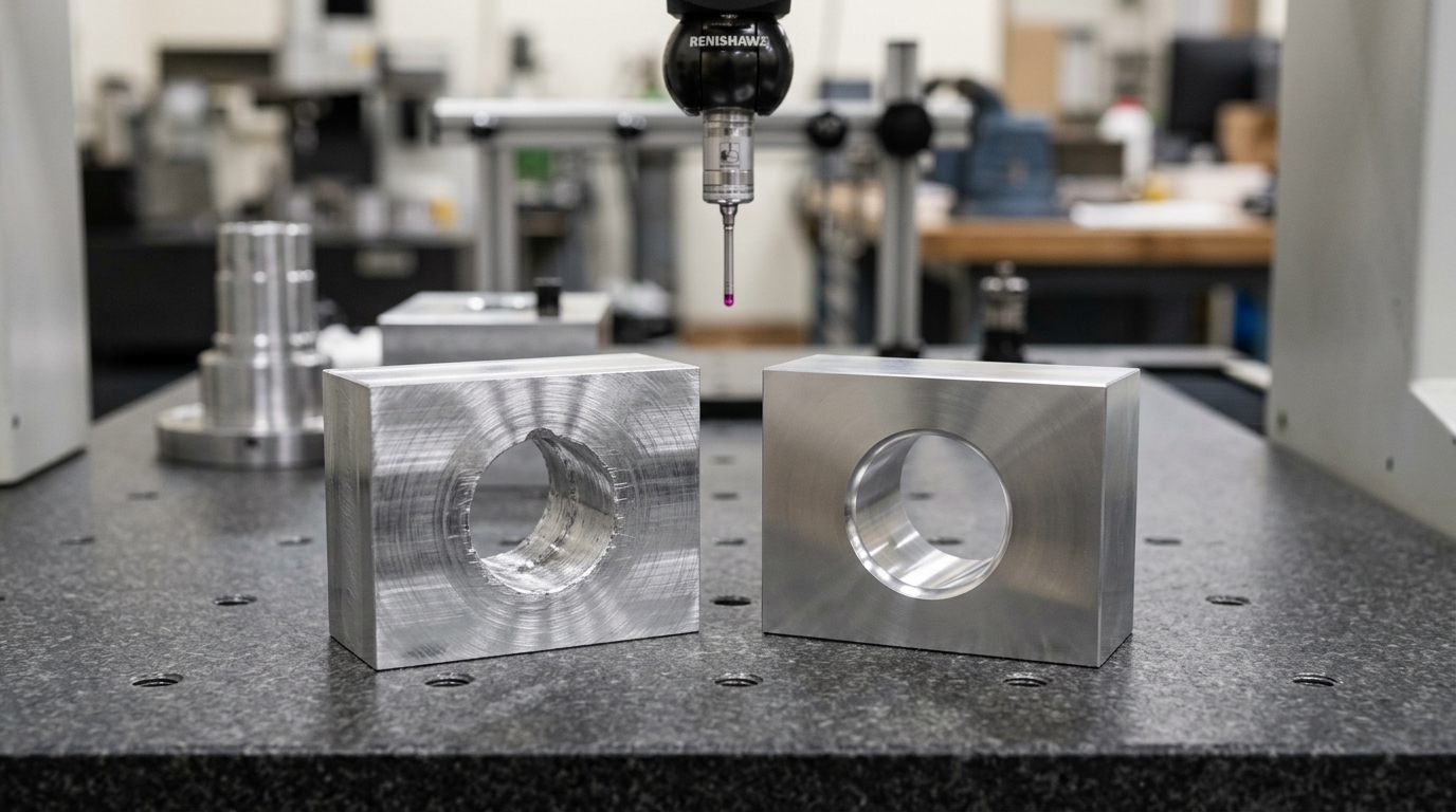 Standard versus precision bores Two machined aluminum parts on an inspection table, one at standard tolerance and one at precision tolerance