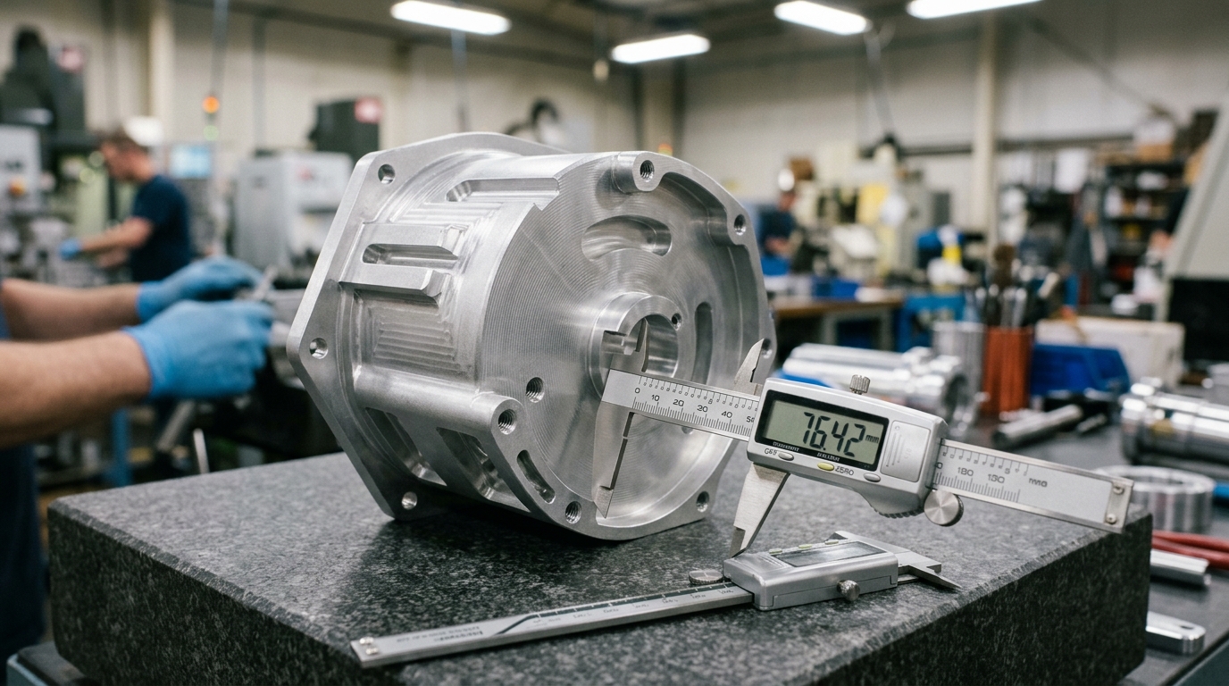 Confirming the geometry the instant quote assumed Aluminum CNC-machined part being measured with digital calipers on an inspection table