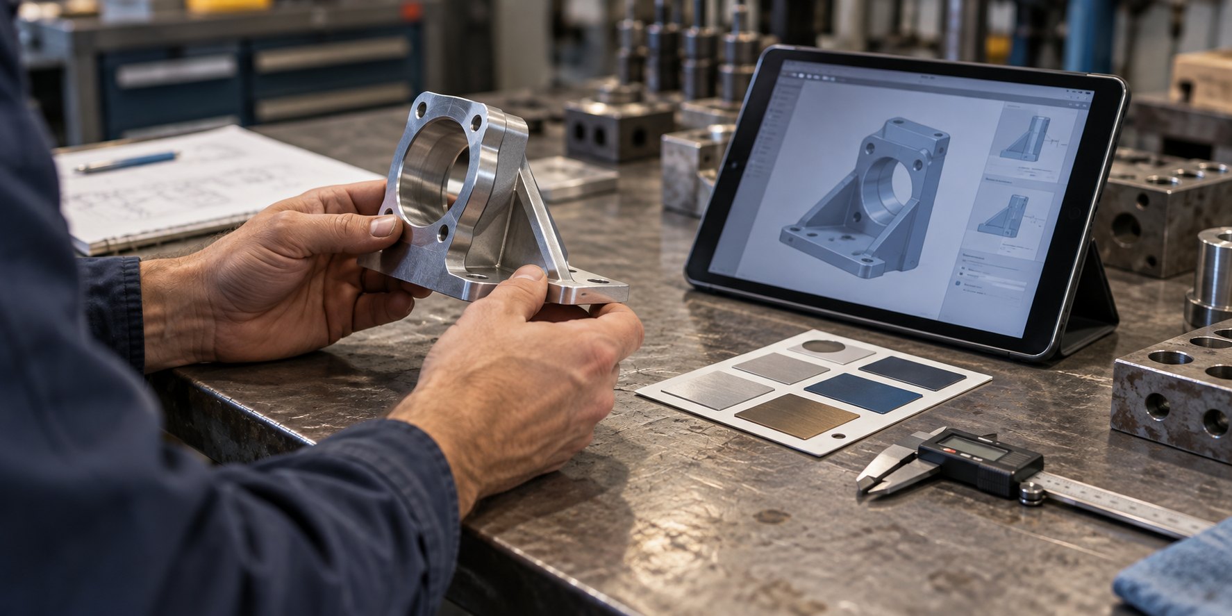 Engineer reviewing a STEP model, material specification, and inspection checklist before a CNC quote