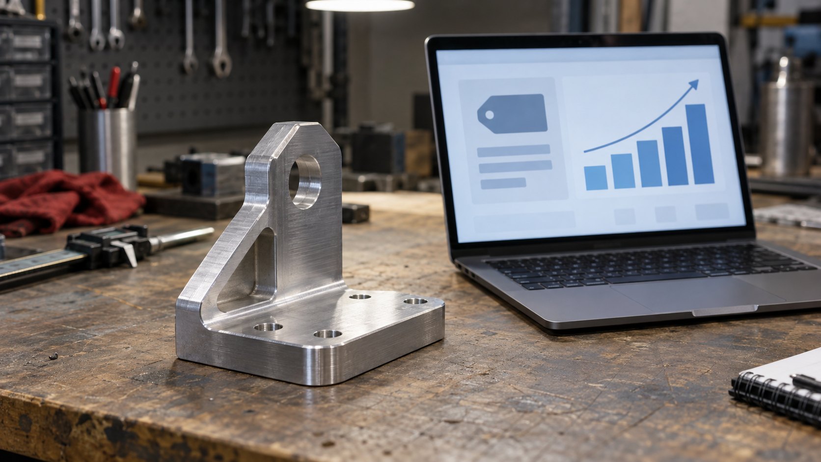 Instant quote next to the finished part Machined aluminum bracket next to a laptop showing an instant CNC quote panel on a shop workbench