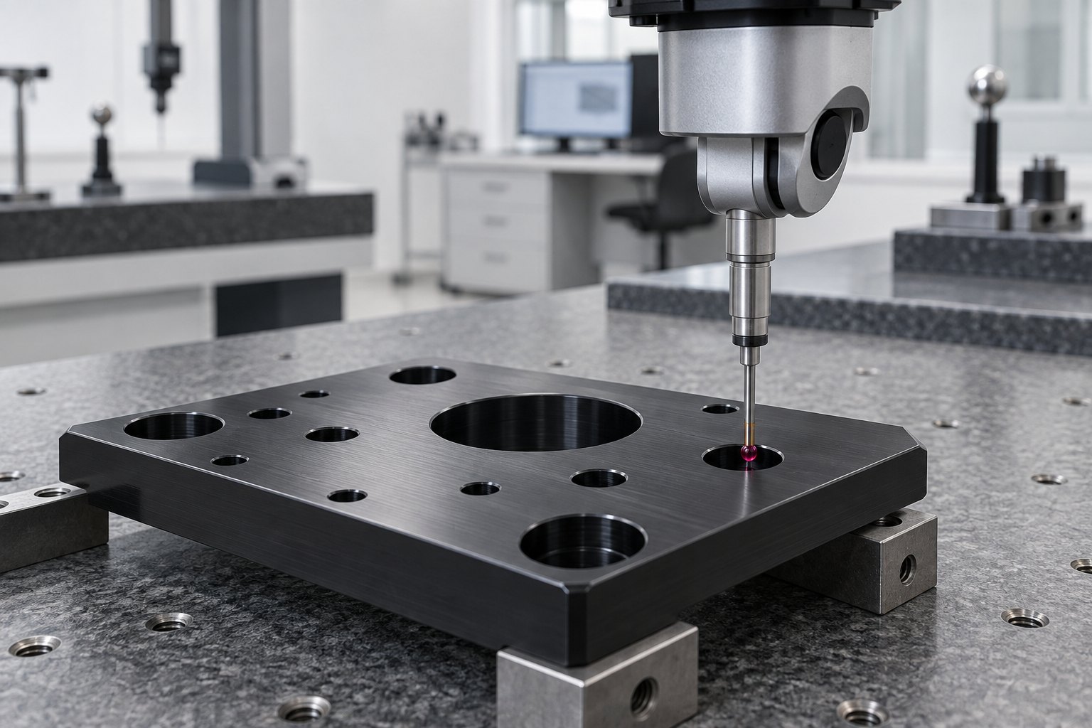 Coordinate measuring machine inspecting an explicit bore tolerance on a CNC-machined plate
