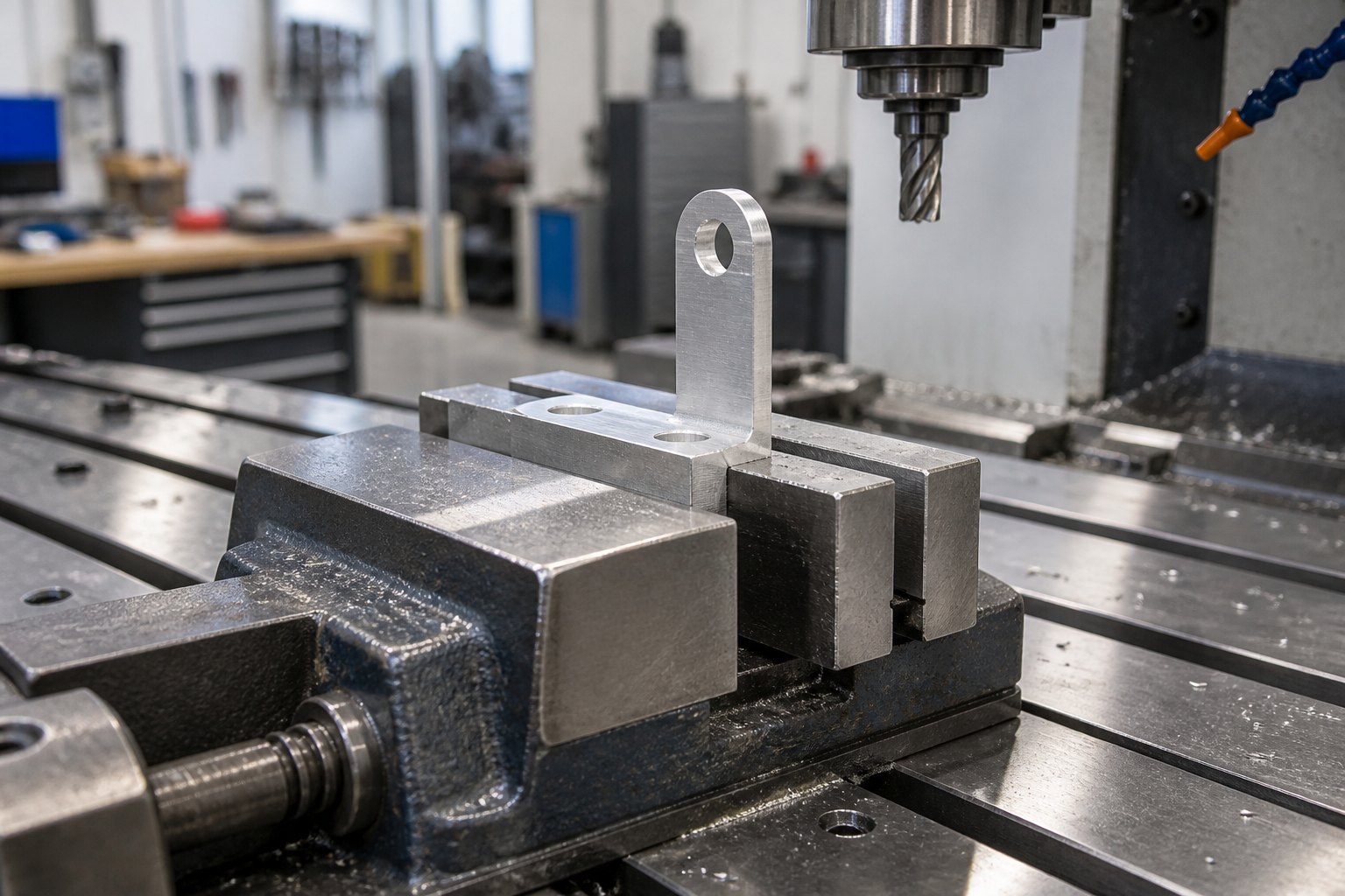 Thin-walled aluminum bracket clamped in a machining vise showing fixturing contact points
