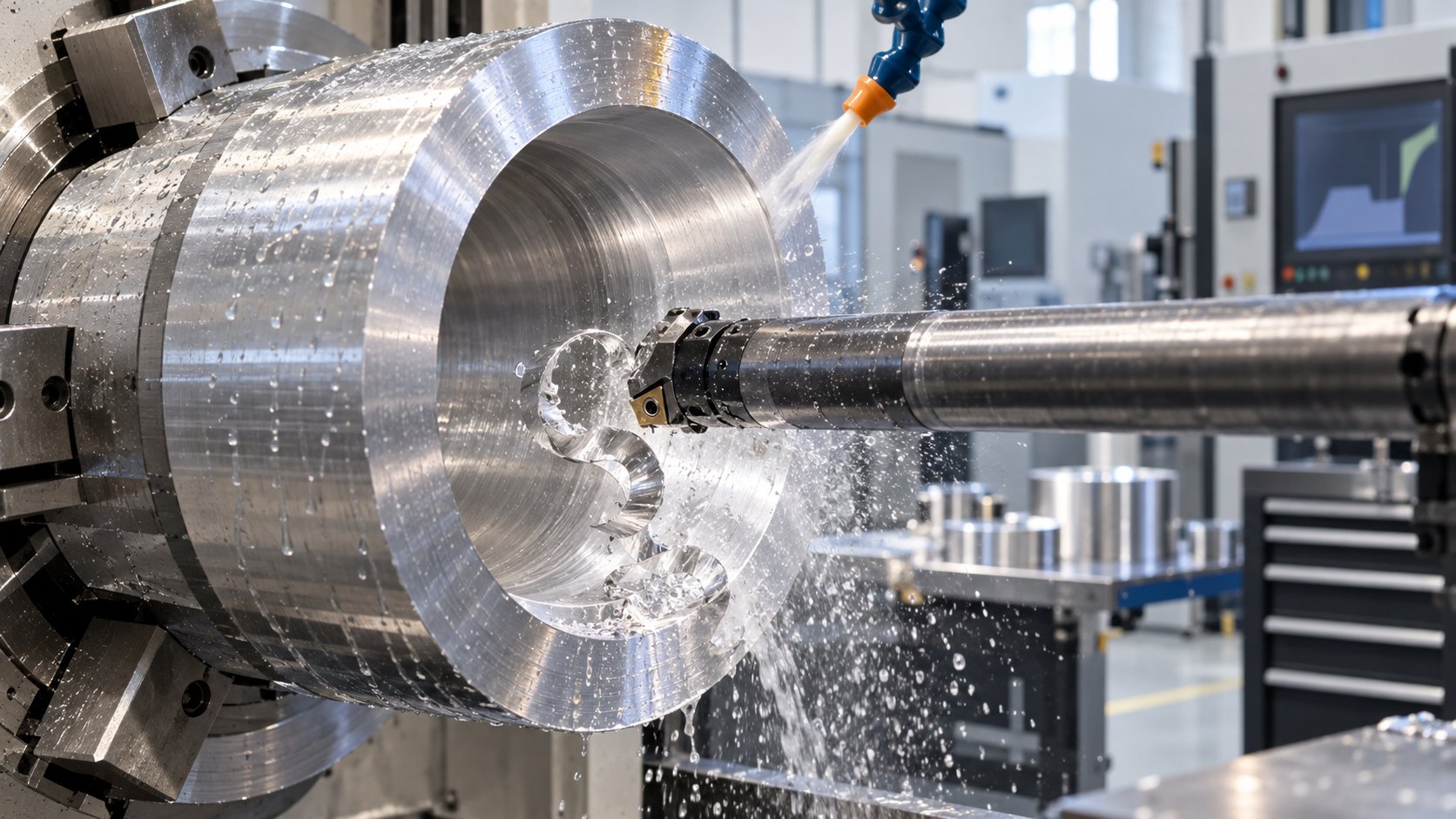 Long boring bar roughing a deep bore in a solid aluminum cylinder