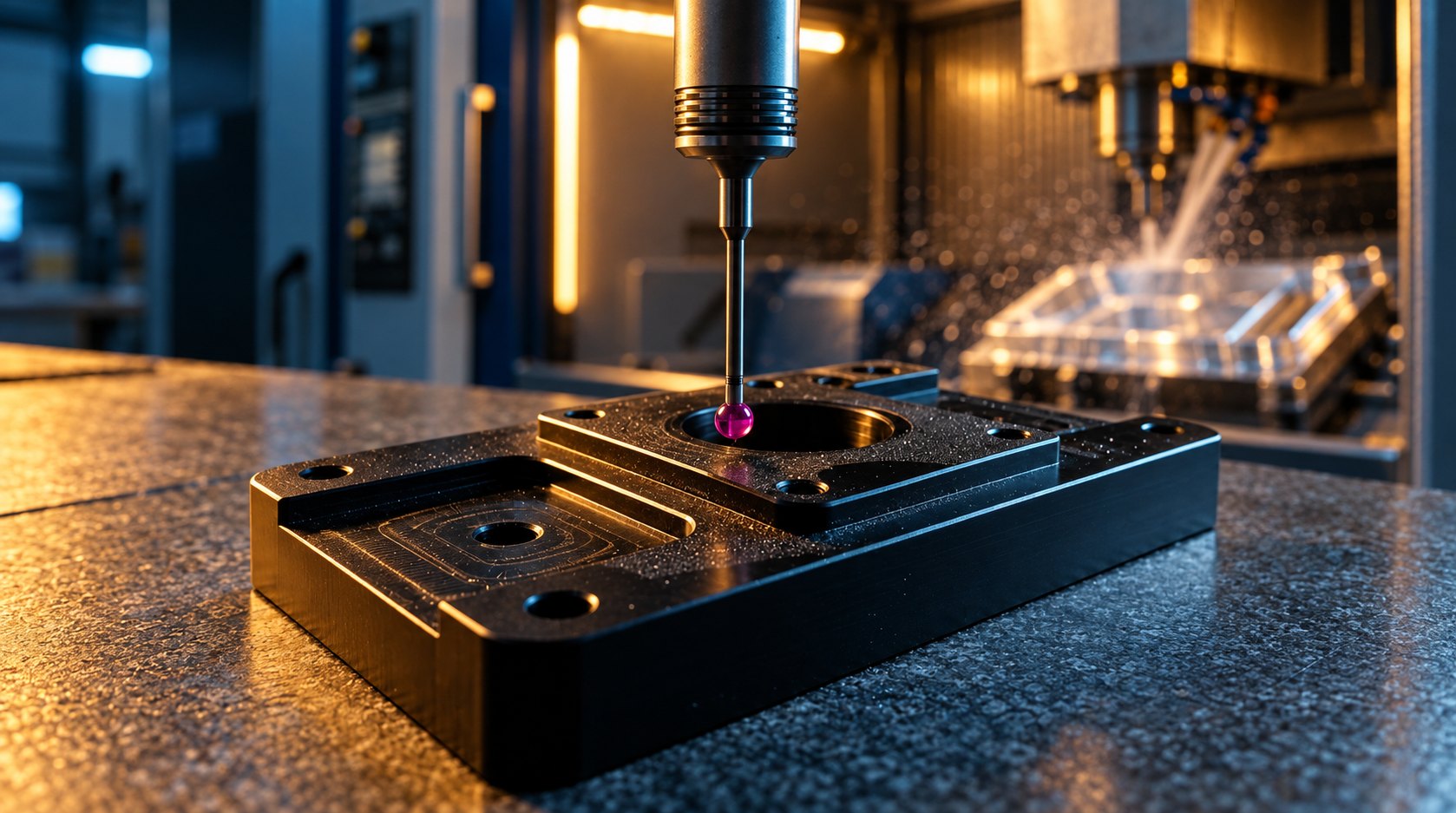 CNC inspection probe measuring a machined PEEK fixture