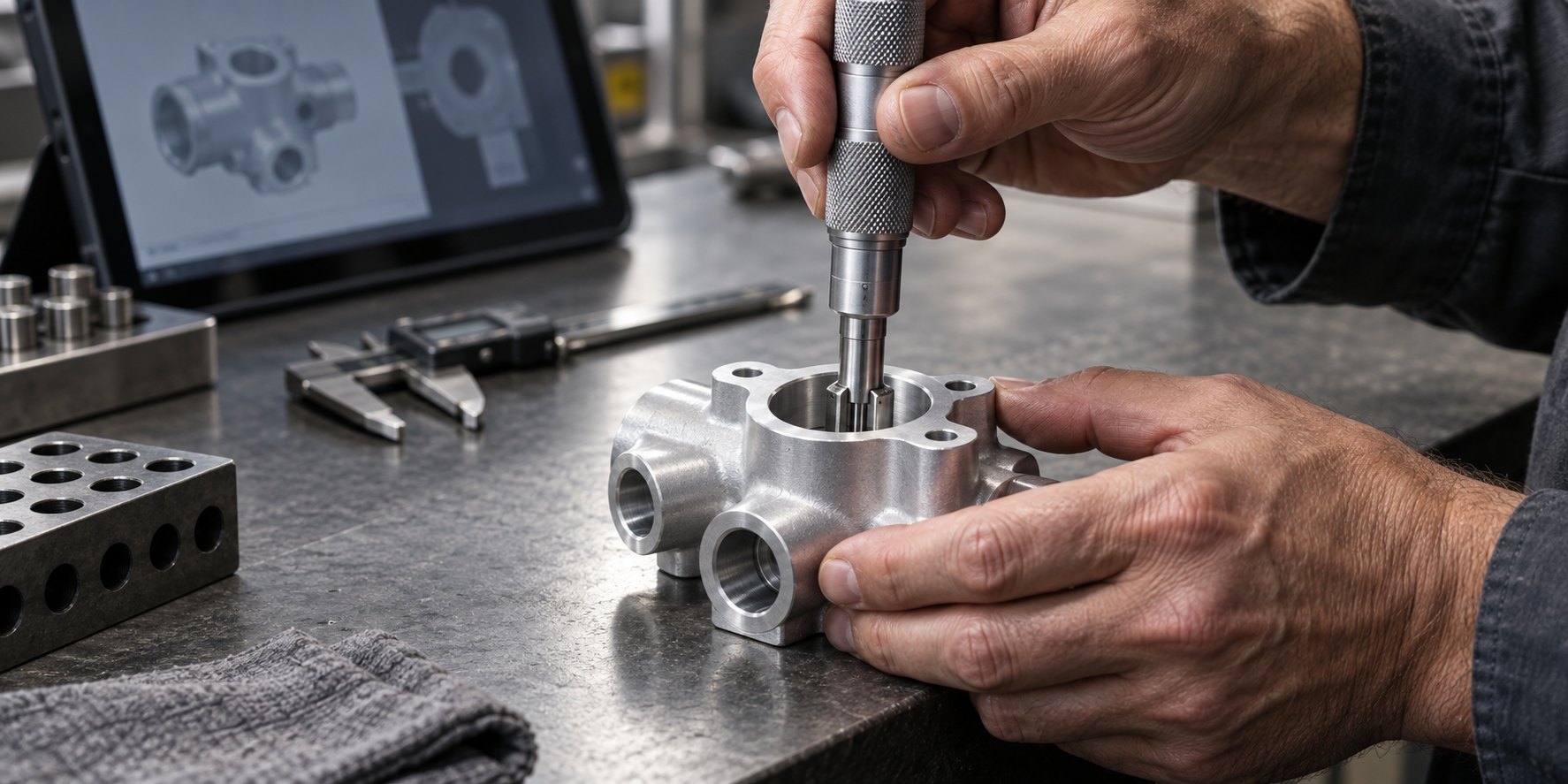 Inspection Changes the Window Machinist checking an aluminum manifold bore with a precision gauge