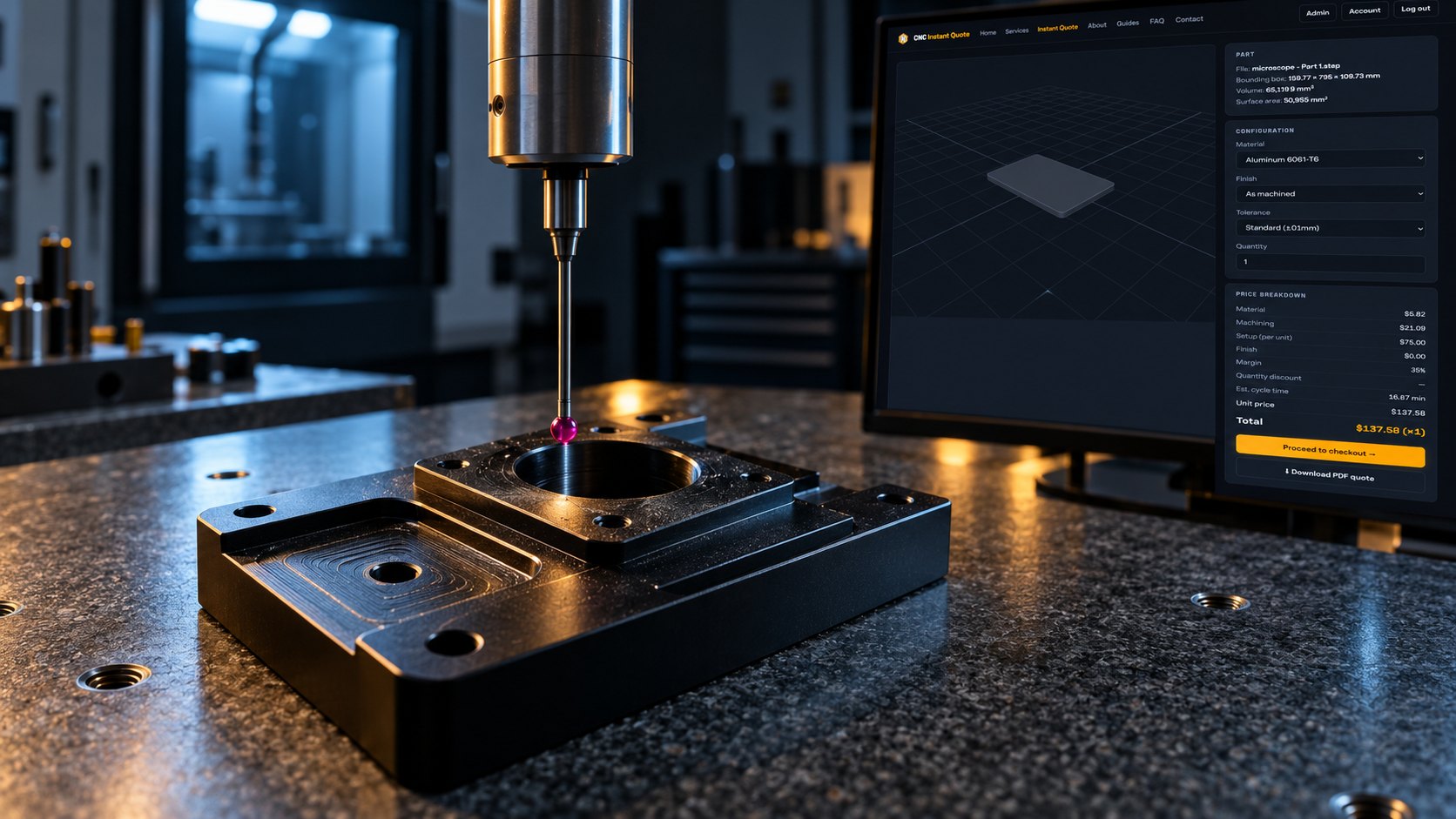 Inspection after machining CNC inspection probe checking a black anodized machined fixture after thread process selection