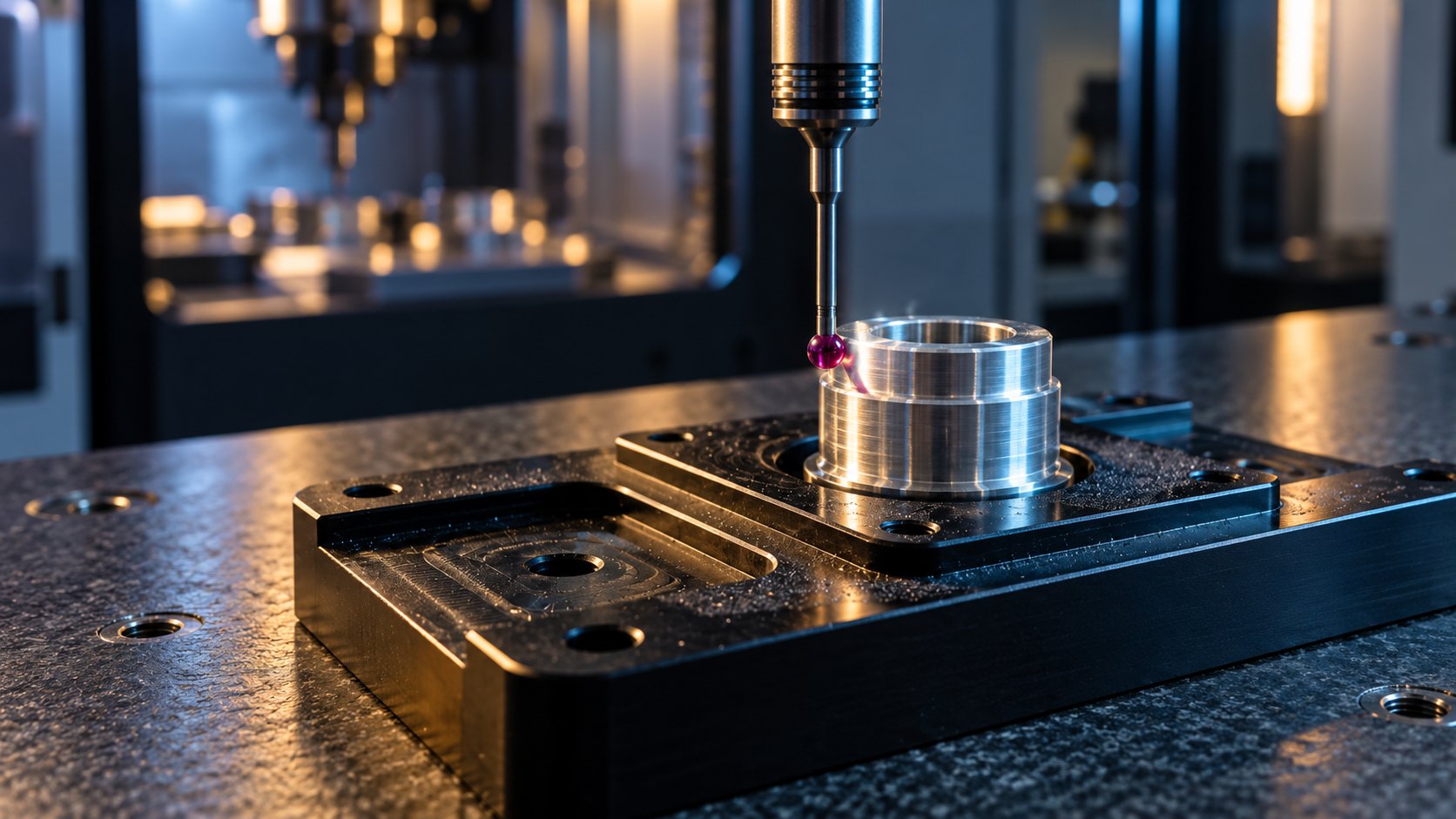 CMM probe inspecting a turned bearing journal for CNC turning tolerance