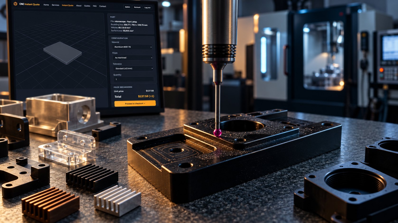 Fresh Results for Affected Characteristics Coordinate-measuring probe checking a machined black fixture for changed FAI characteristics