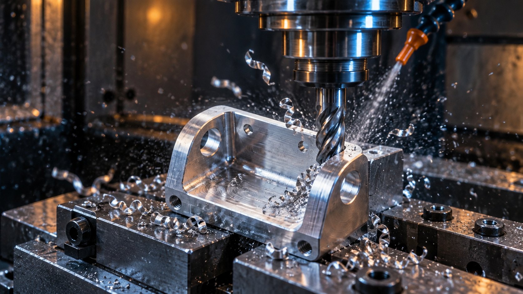 End mill cutting aluminum with curled chips and visible machining forces