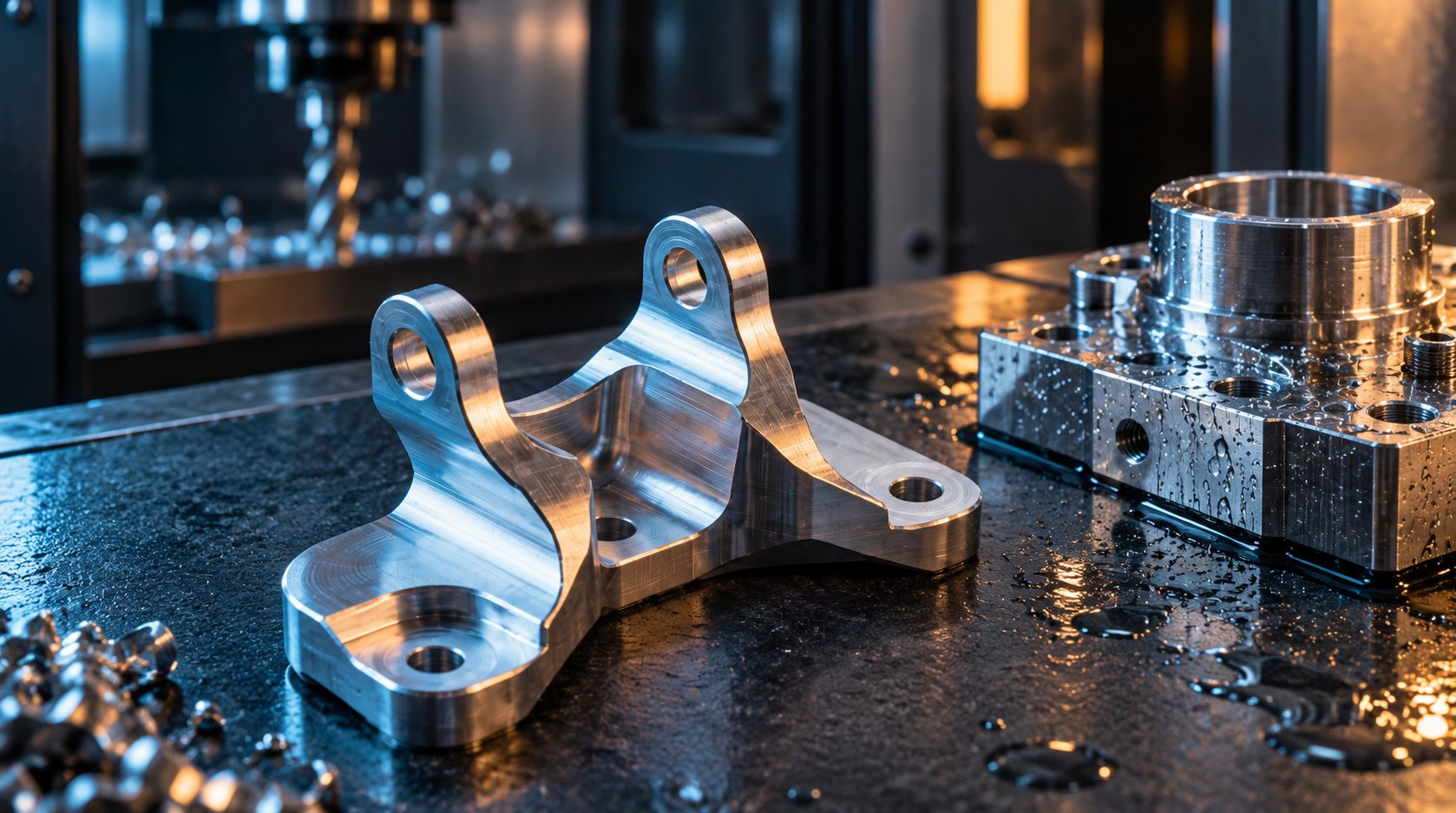 Feature-Driven Aluminum Review Finished aluminum bracket with crisp bores and visible CNC milling marks