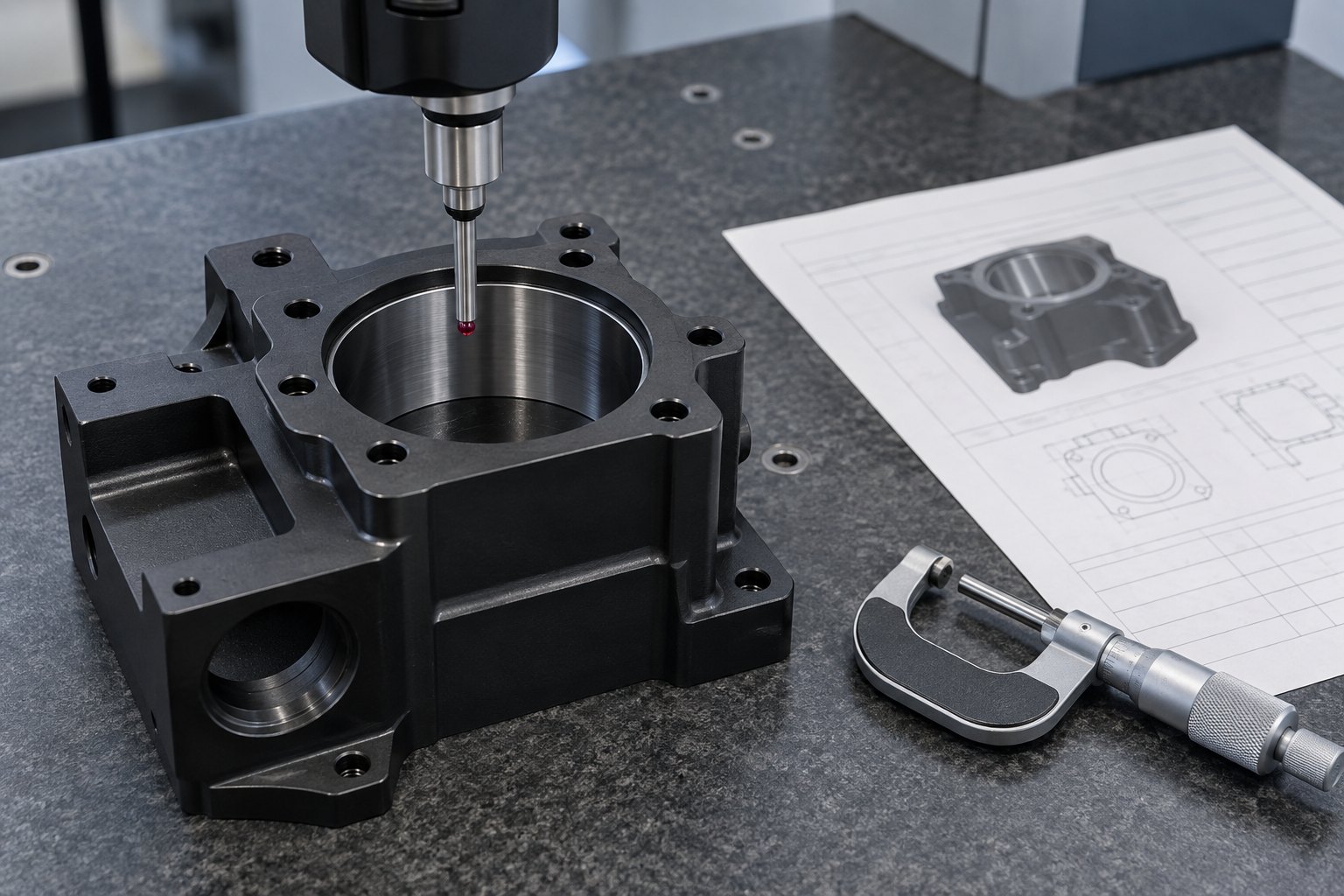 Trace measurement to lot CMM probe measuring a CNC-machined bore beside a lot traveler