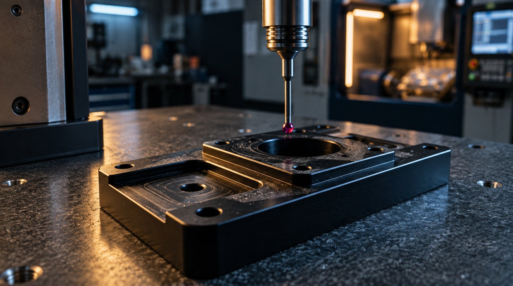 Inspecting the Datum Frame CMM probe inspecting a black machined fixture for CNC hole position tolerance