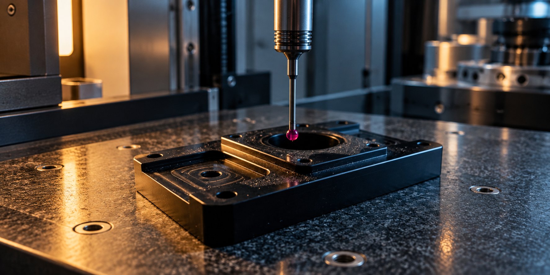 Coordinate-measuring probe inspecting a black anodized machined fixture