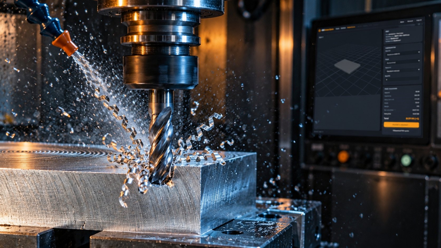 Machine the Edge You Actually Specified CNC end mill cutting an aluminum block with visible chips and machined edges
