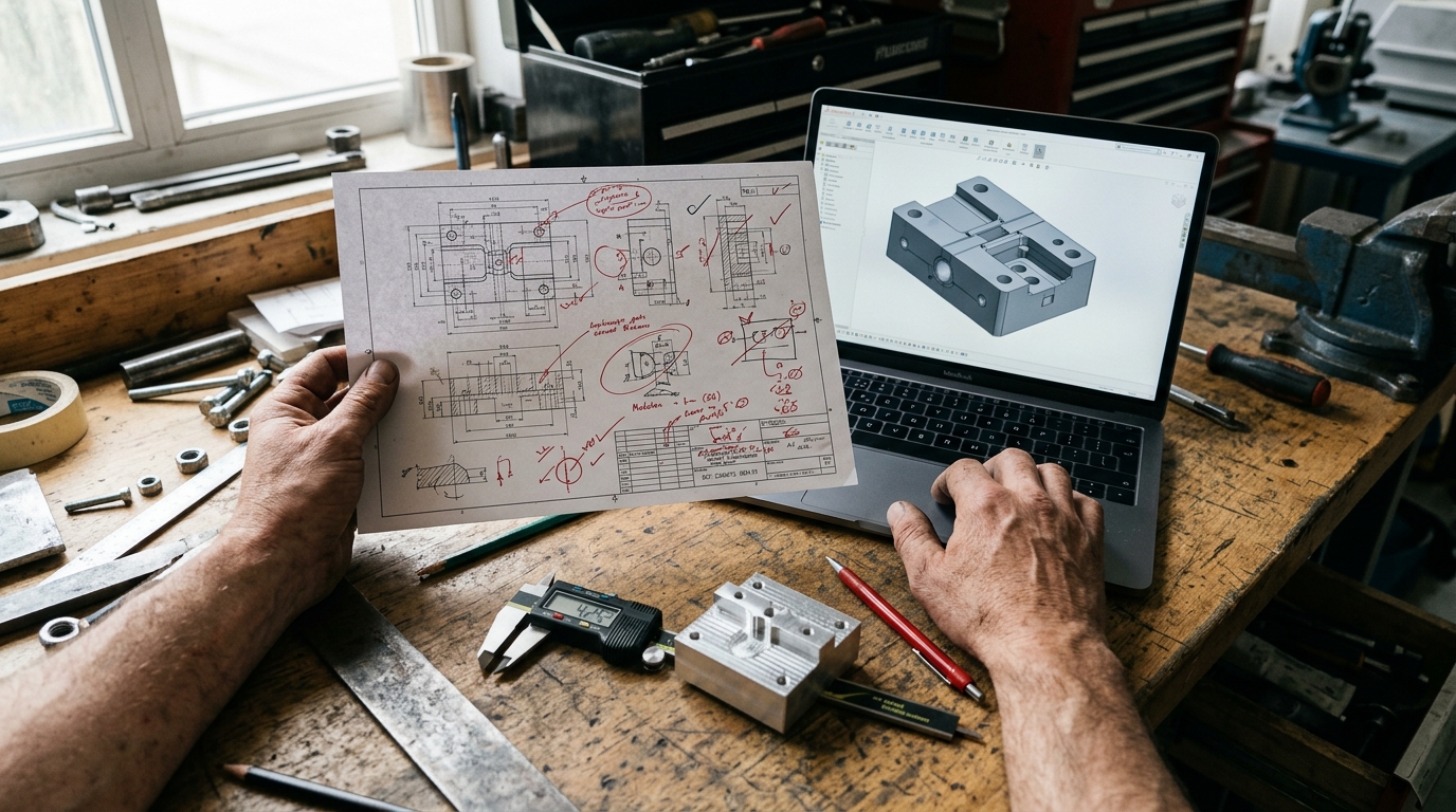 Engineer comparing a printed CNC drawing to a 3D CAD model on a laptop during quote change after CAD review