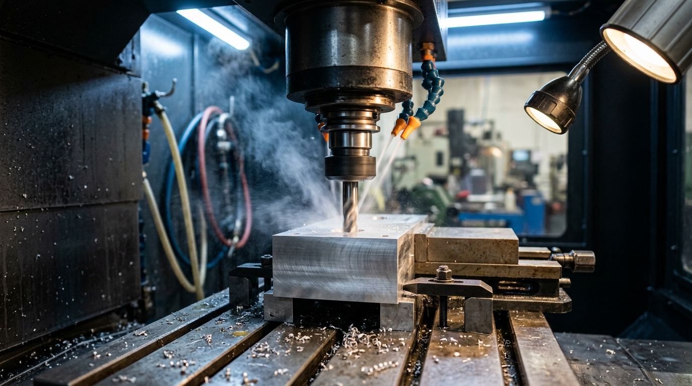 CNC mill cutting a tight tolerance bore in an aluminum block, illustrating cnc quote tight tolerance cost