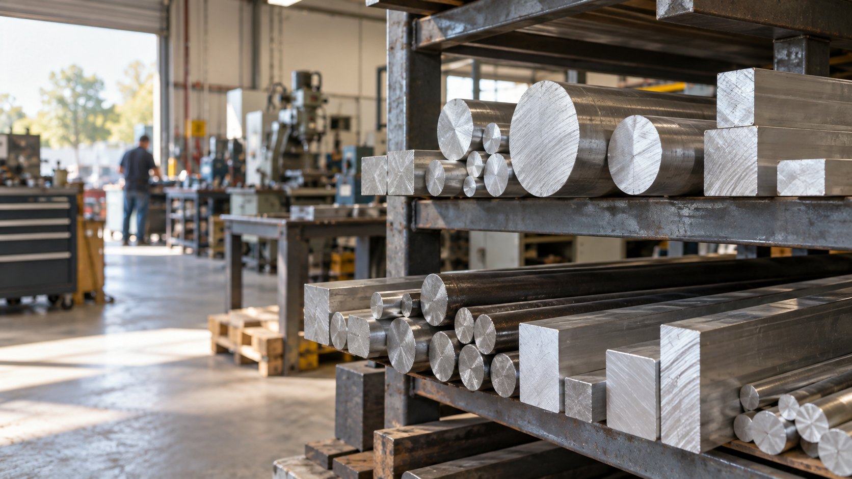 Stacked aluminum and steel bar stock in a machine shop, representing cnc machining tariffs 2026 cost pressure