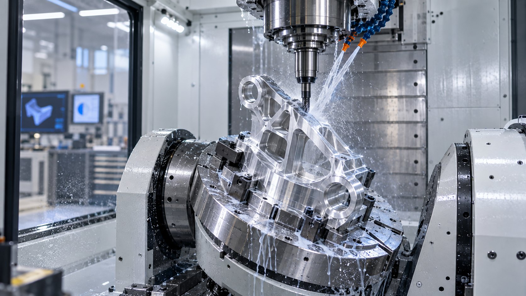 5-axis CNC machine milling a 6061-T6 aluminum aerospace bracket
