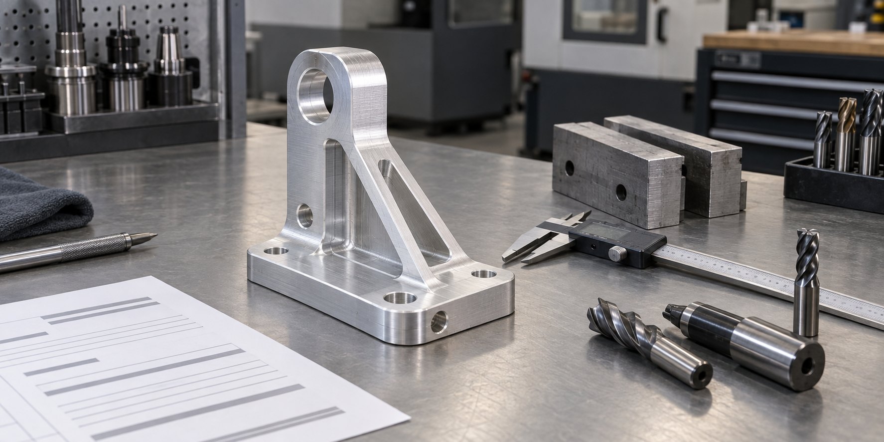 CNC price list setup fee breakdown beside a machined aluminum part