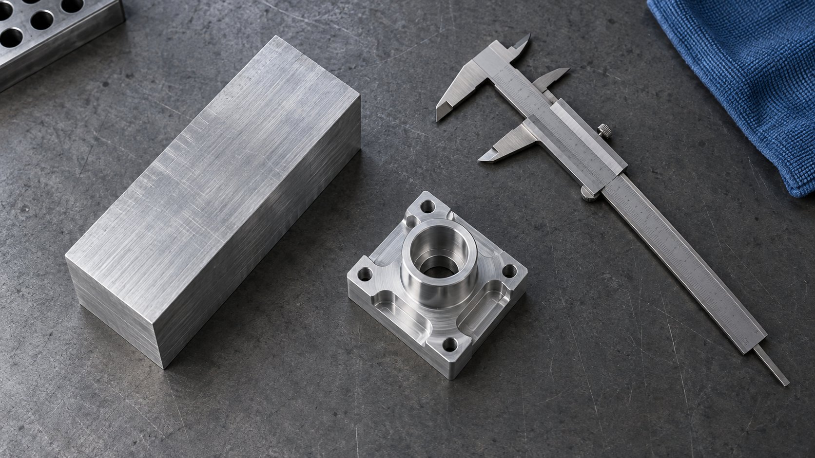 CNC price guide material waste shown by an aluminum billet and finished part