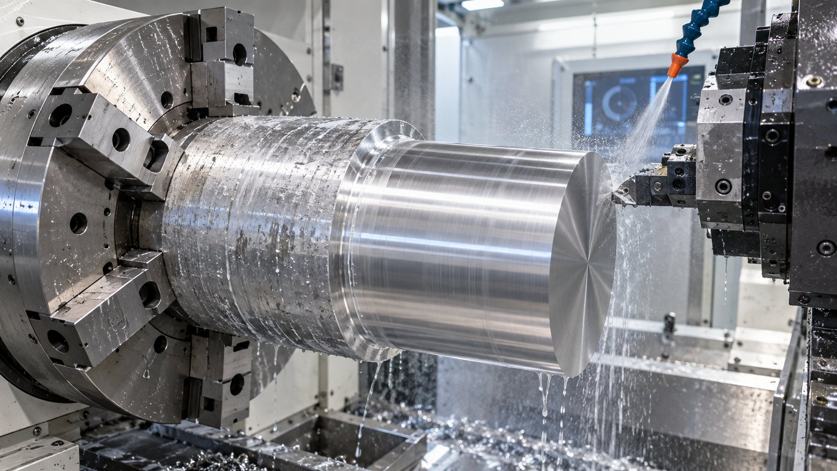 Large aluminum round bar in a CNC lathe with its first section turned to a finished cylinder