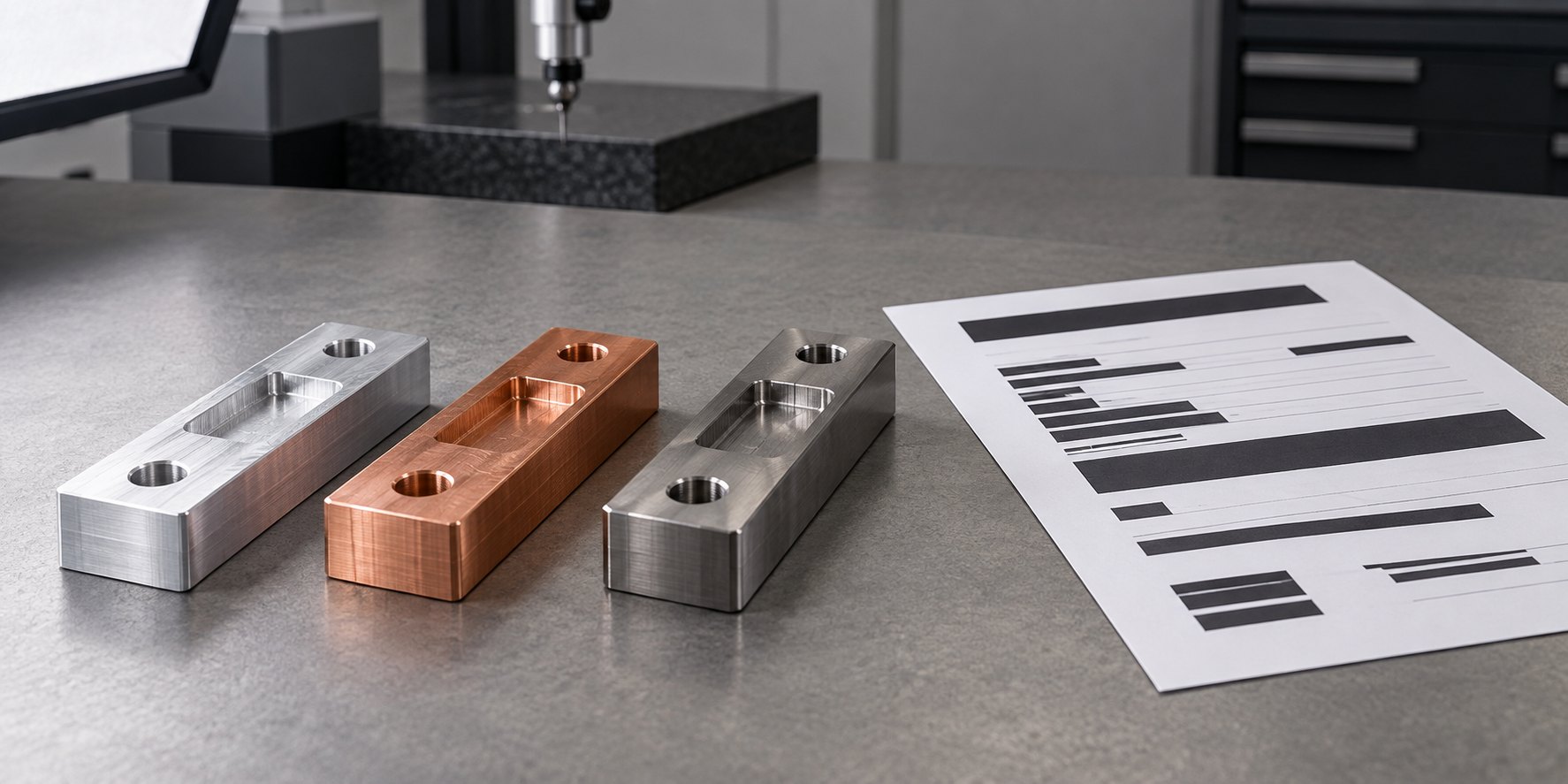 CNC online quote material certificates with three machined metal coupons