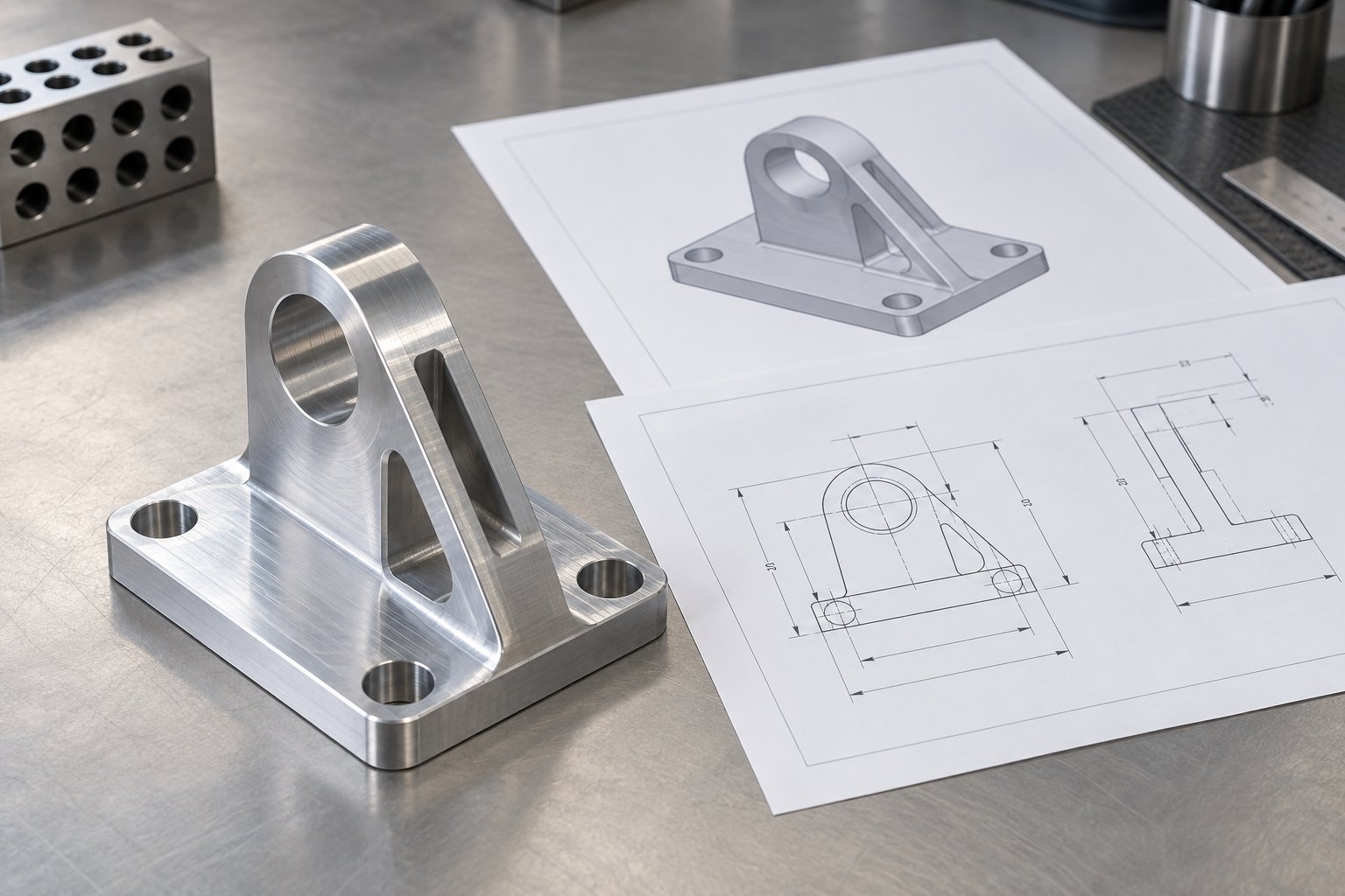 CNC quote STEP file beside a technical drawing and machined aluminum part