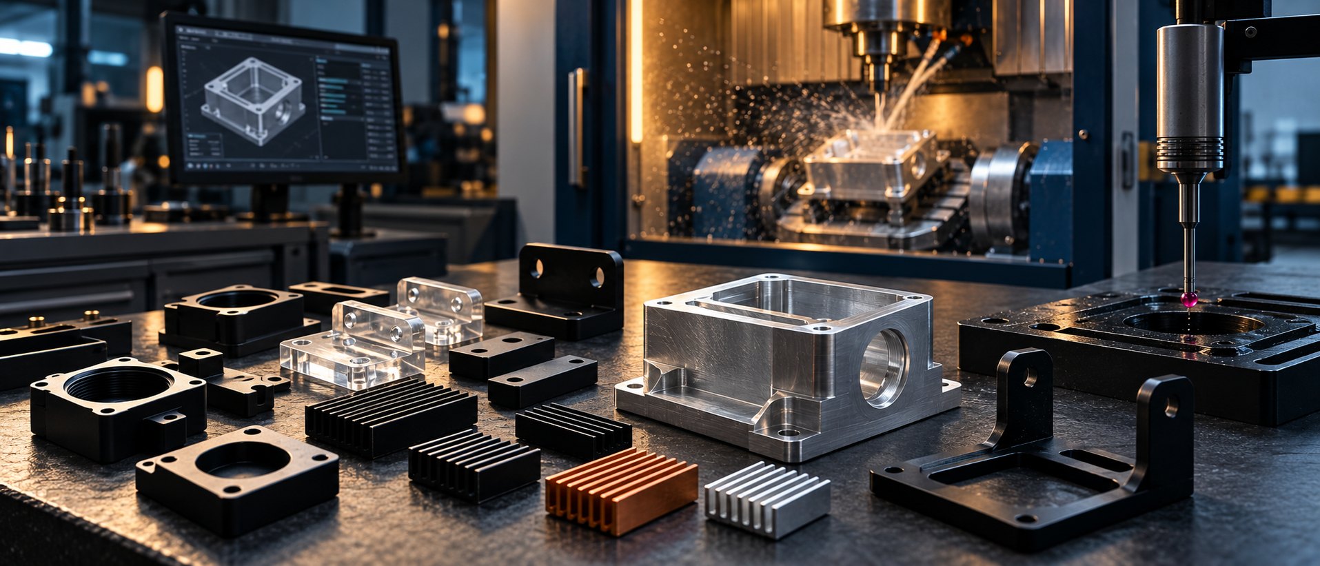 Machined PEEK components arranged on a dark industrial workbench