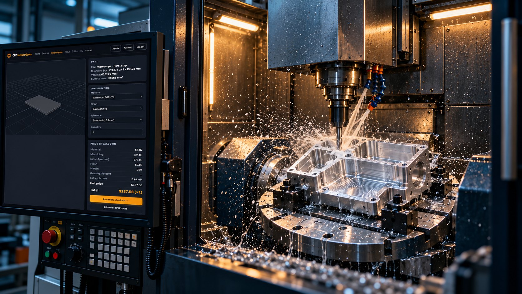 Enclosed multi-axis CNC machine cutting an aluminum housing