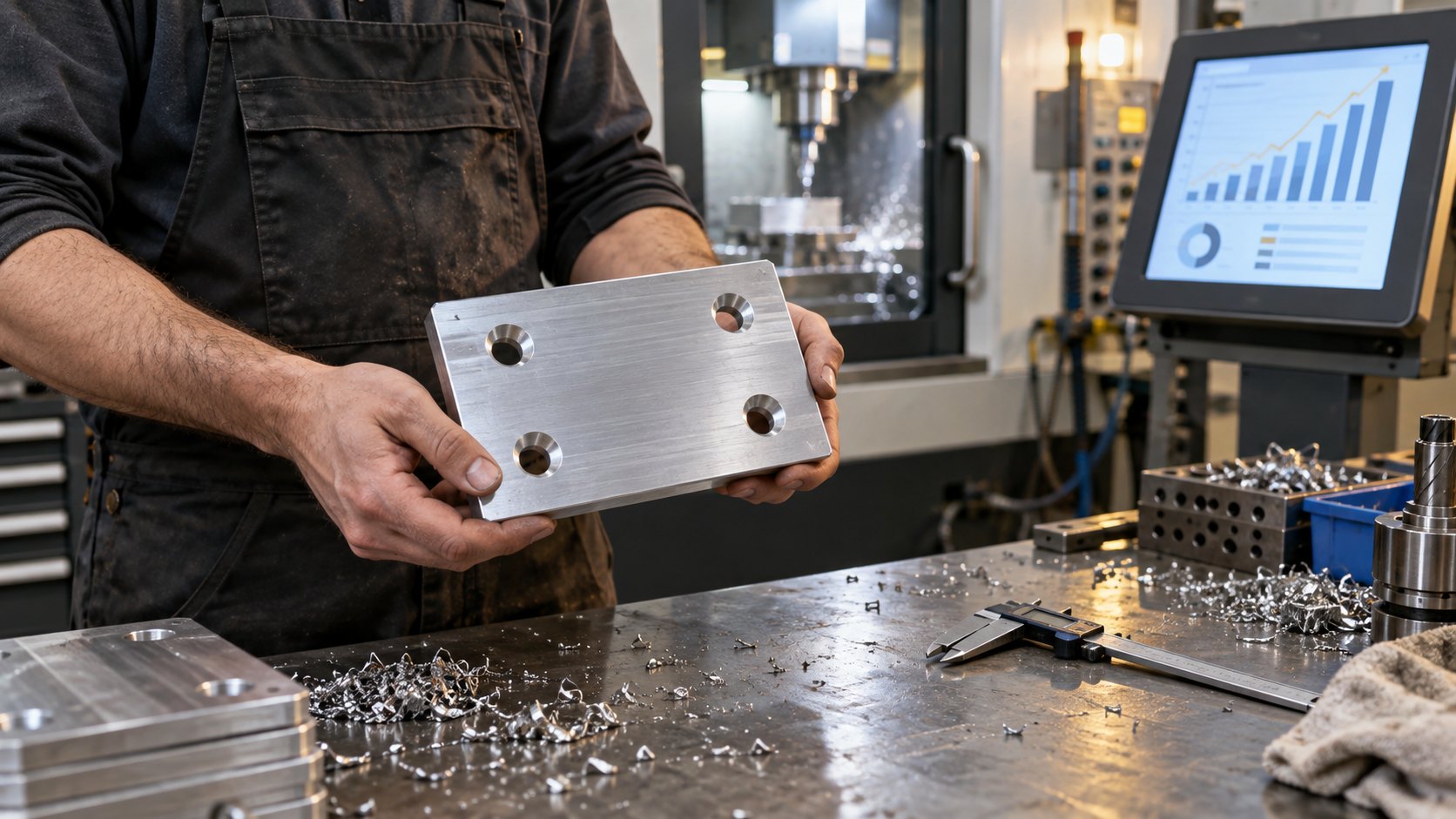 Machinist comparing a 6061-T6 aluminum plate against an instant cnc quote accuracy readout on a shop terminal
